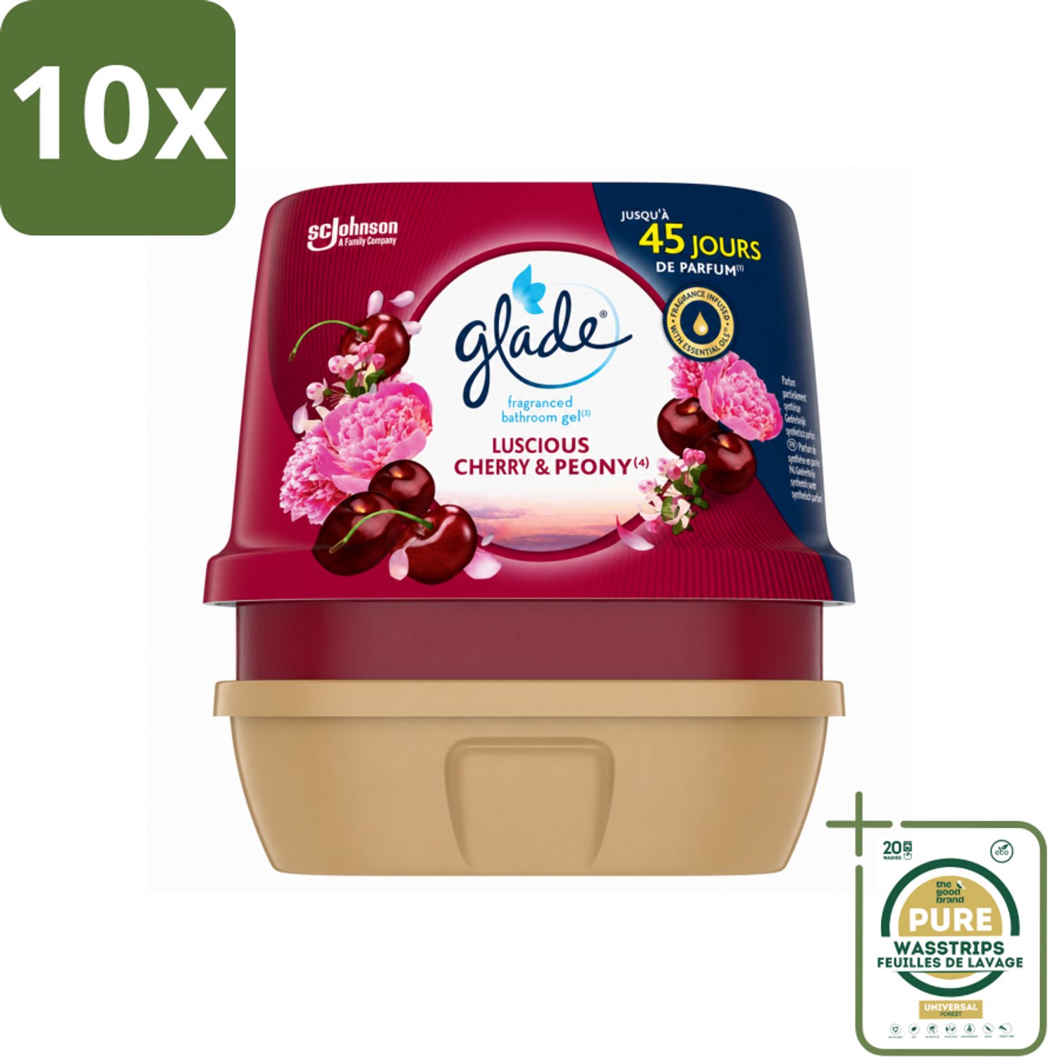 10 x Glade - Badkamer Gel - Luscious Kers & Pioenroos - 180 g - Wasstrips - Badkamer Geur - Luchtverfrisser - Bloemige Geur - Frisse Geur - Geur Gel