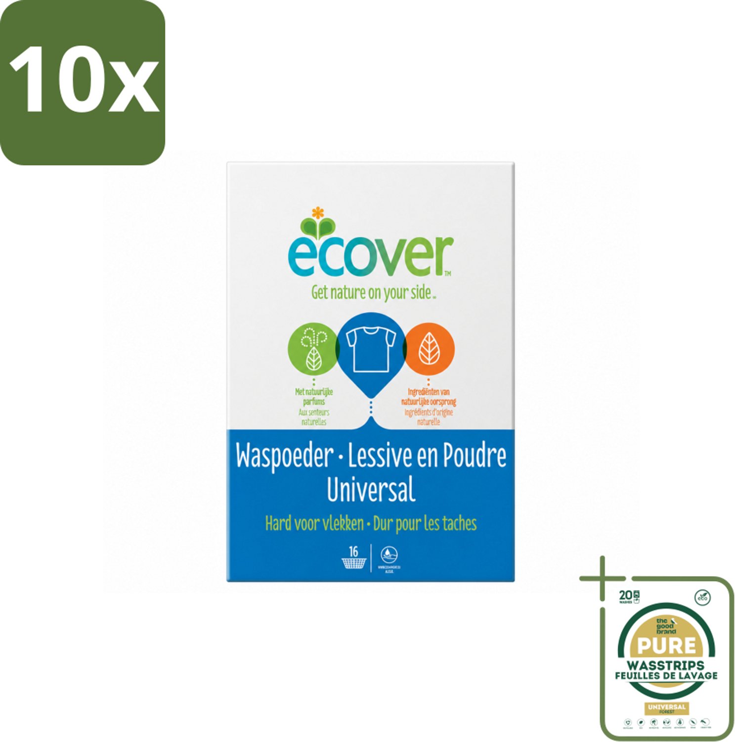 10 x Ecover - Waspoeder Universal - Voor witte & bonte was - 1,2 kg - Wasstrips - Waspoeder - Wasmiddel - Witte Was - Bonte Was - Vuil Verwijderen