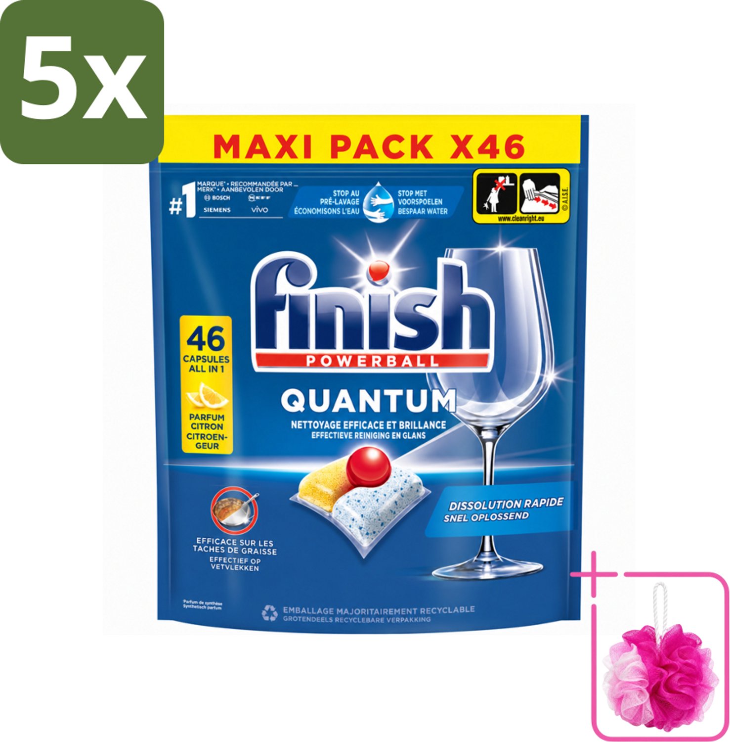 5 x Finish - Vaatwasmiddel - Quantum Vaatwastabletten Citroen - Diepe Reiniging & Frisheid - 46 capsules - Bulkverpakking - Vaatwastabletten - Douchemop - Diepe reiniging