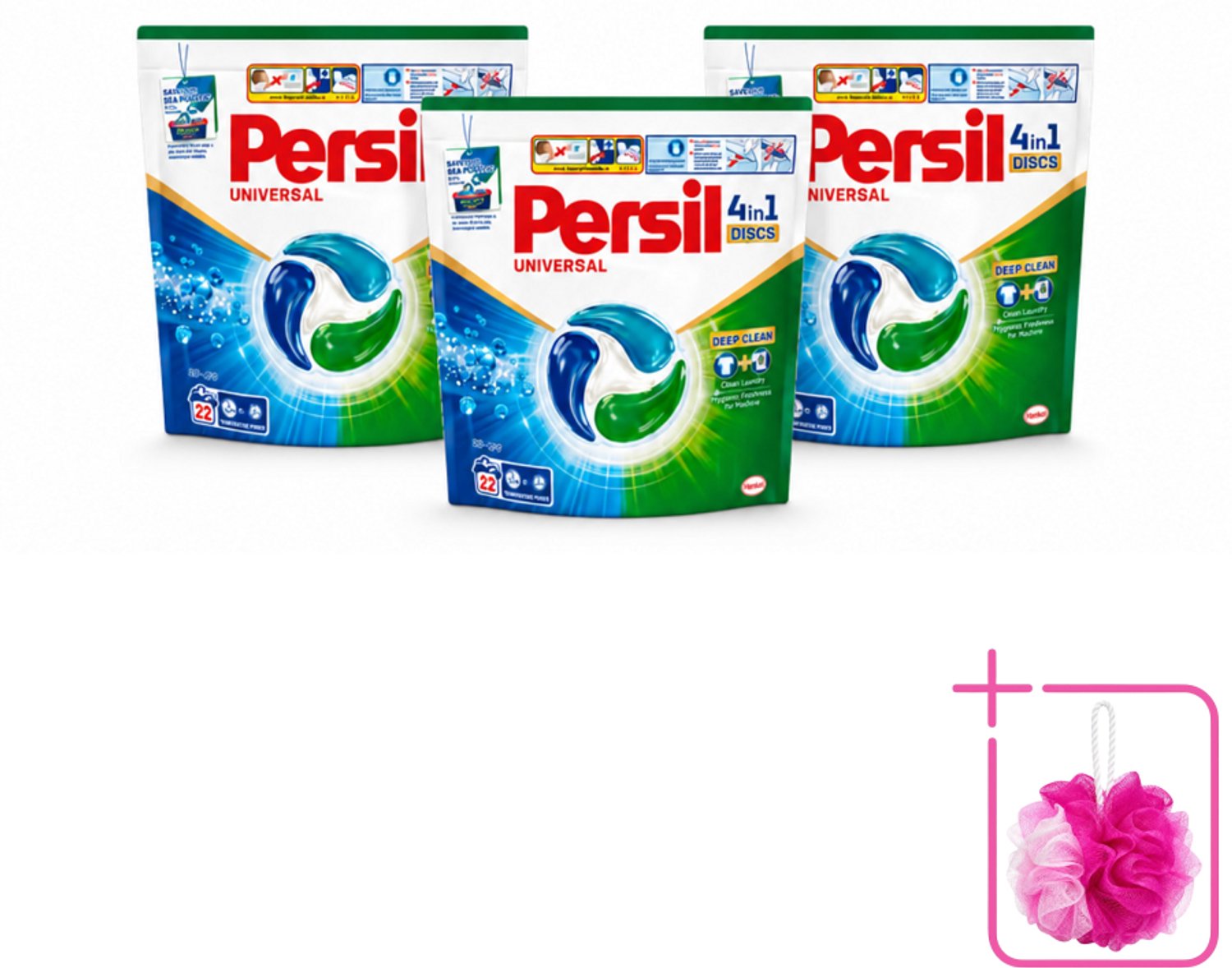 3 x Persil - Wasmiddel - Wasmiddelcapsules Discs Universal - Voor Witte Was - 22 wasbeurten - Bulkverpakking - Persil 4in1 Discs - Douchemop - Witte was