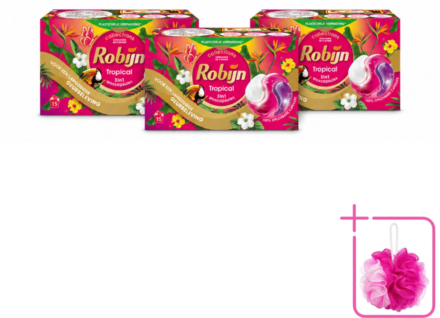 3 x Robijn - 3-in-1 Tropical - Wascapsules - 15 Wasbeurten - Bulkverpakking - Tropische geur - Douchemop - Wascapsules
