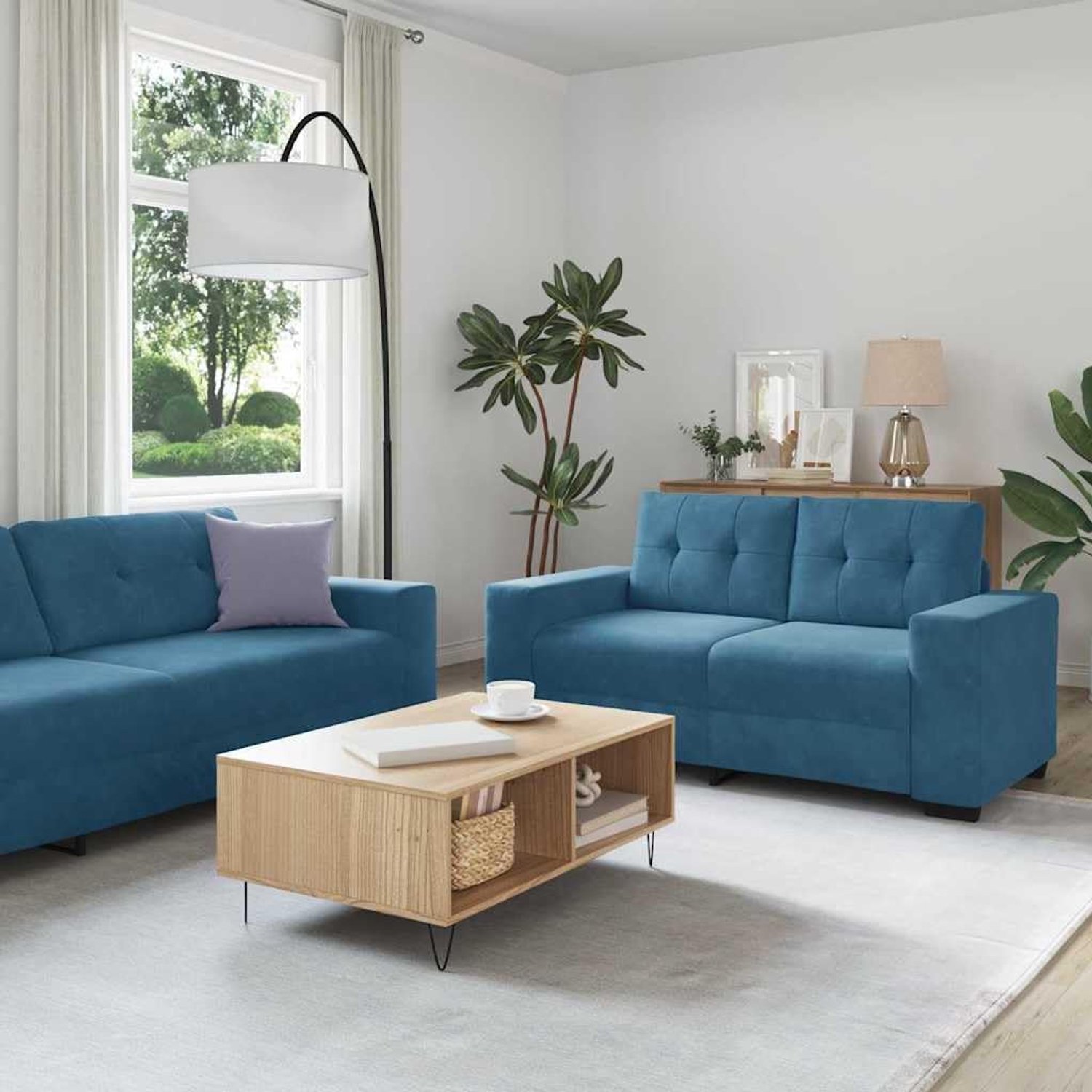 2 stuks, blauw, 221 x 78 x 80 cm, fluweel, woonkamerset met brede armleuningen en stabiele constructie