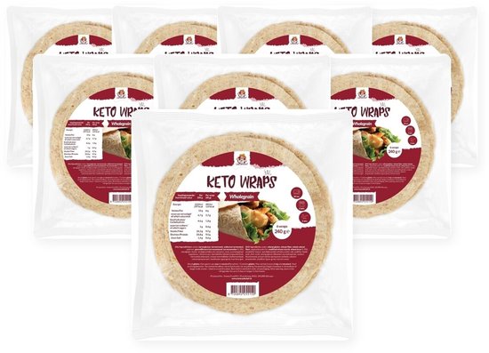 Acht verpakkingen Lowcarbchef Keto Wraps volkoren, elk met een ronde, bruine tortilla en voedingsinformatie op het etiket.
