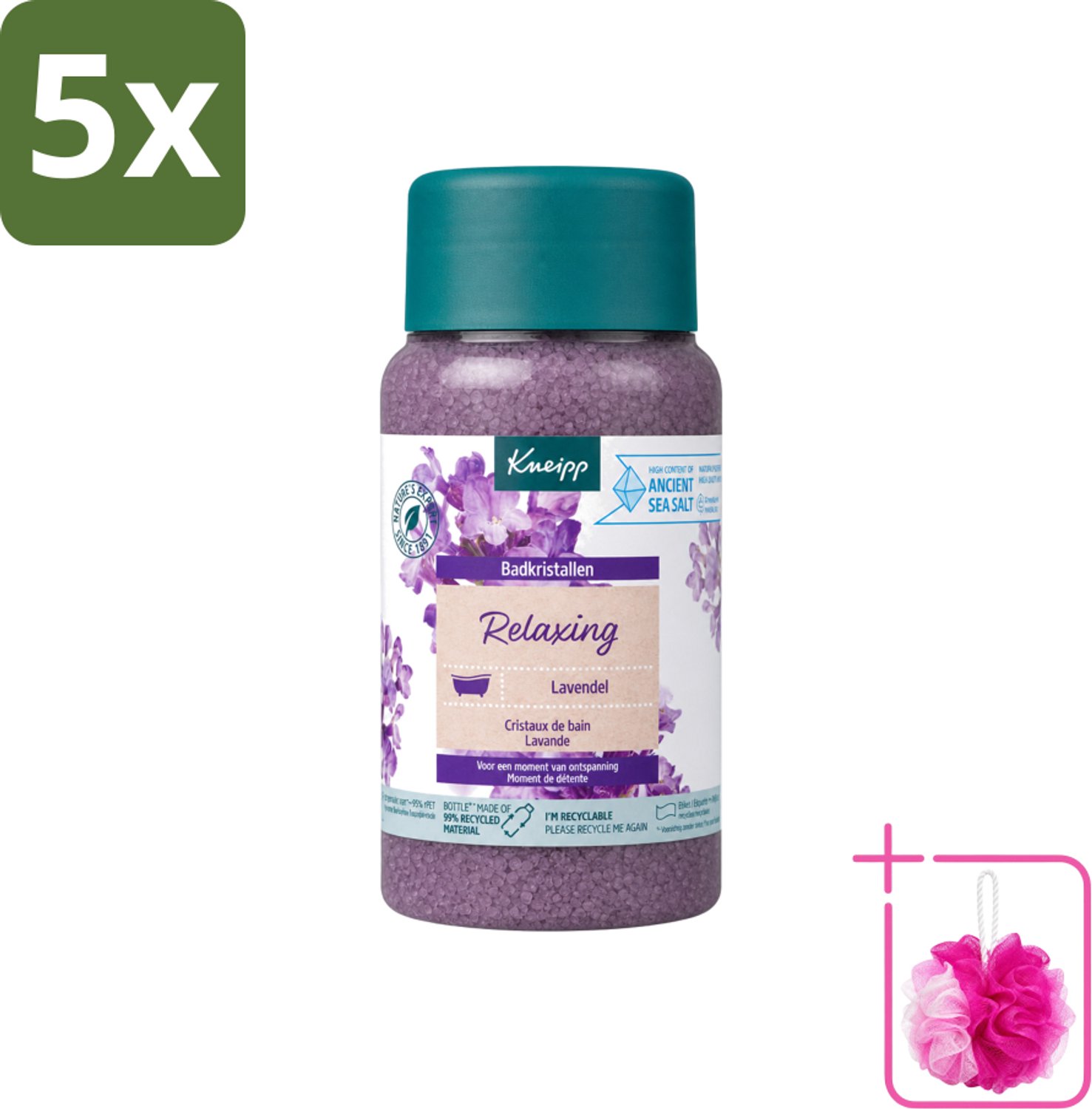 5 x Kneipp - Badzout - Badkristallen - Lavendel - 600 g - Bulkverpakking - Badkristallen - Douchemop - Ontspanning