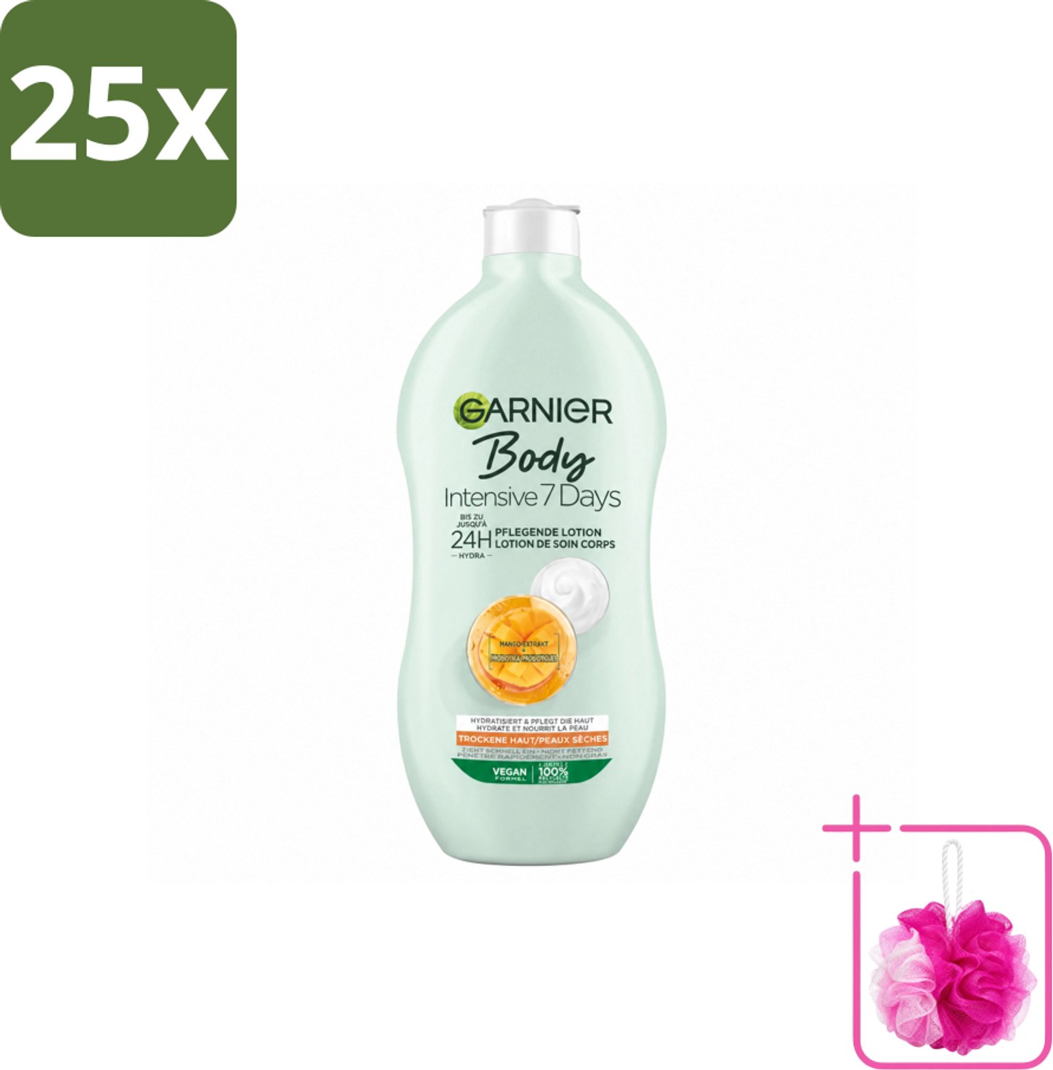 25 x Garnier - Body - Bodylotion - Intensive 7 Days - Verzorgend - Mango-extract & Probiotica - 400 ml - Bulkverpakking - Lotion voor droge huid - Douchemop - Intensieve hydratatie