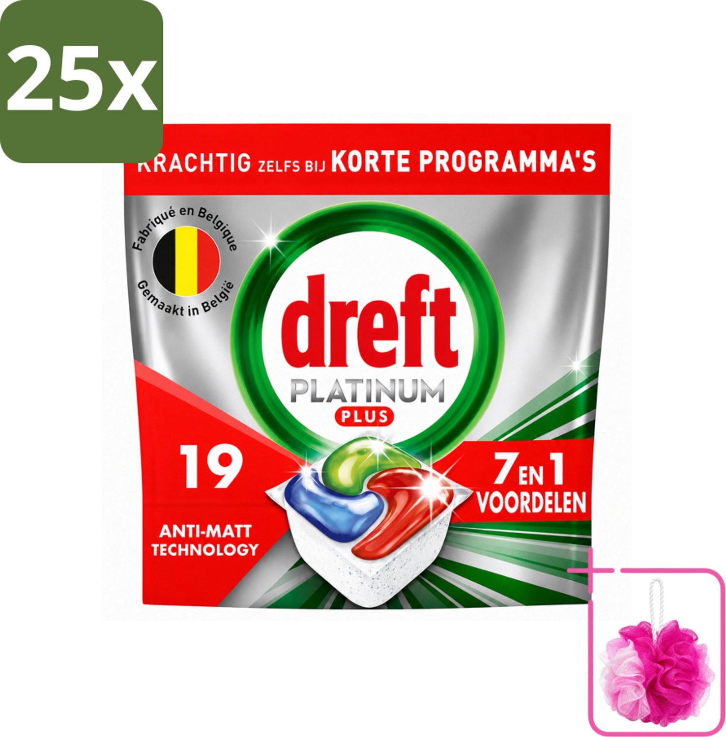 25 x Dreft - Vaatwastabletten - Platinum Plus All-in-One - Krachtige reiniging - 19 Tabletten - Bulkverpakking - Vaatwassen - Douchemop - Glans herstellen