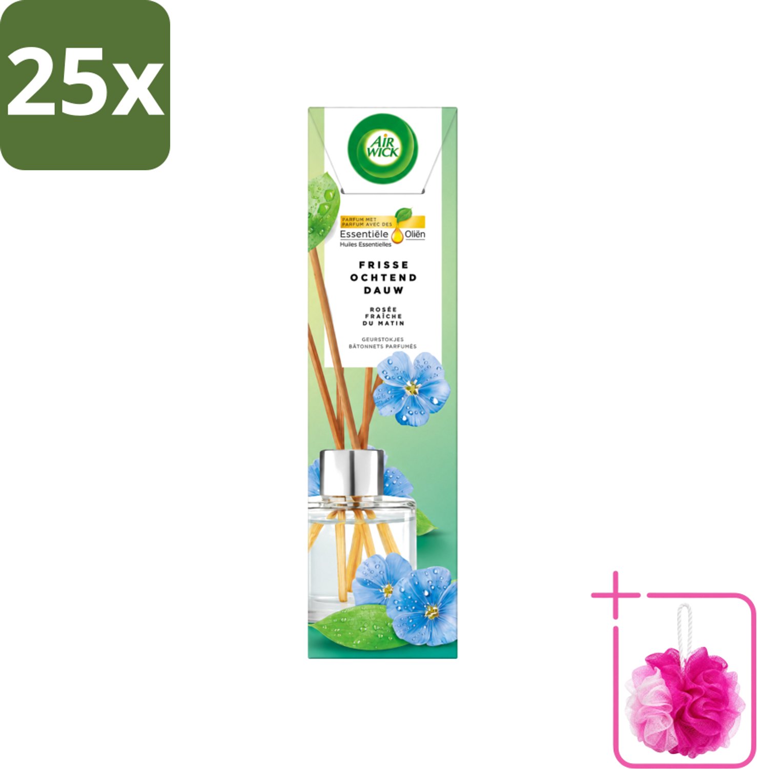 25 x Air Wick - Geurstokjes - Frisse Ochtenddauw - Essentiële Oliën - 40 ml - Bulkverpakking - Geurstokjes - Douchemop - Frisse ochtenddauw