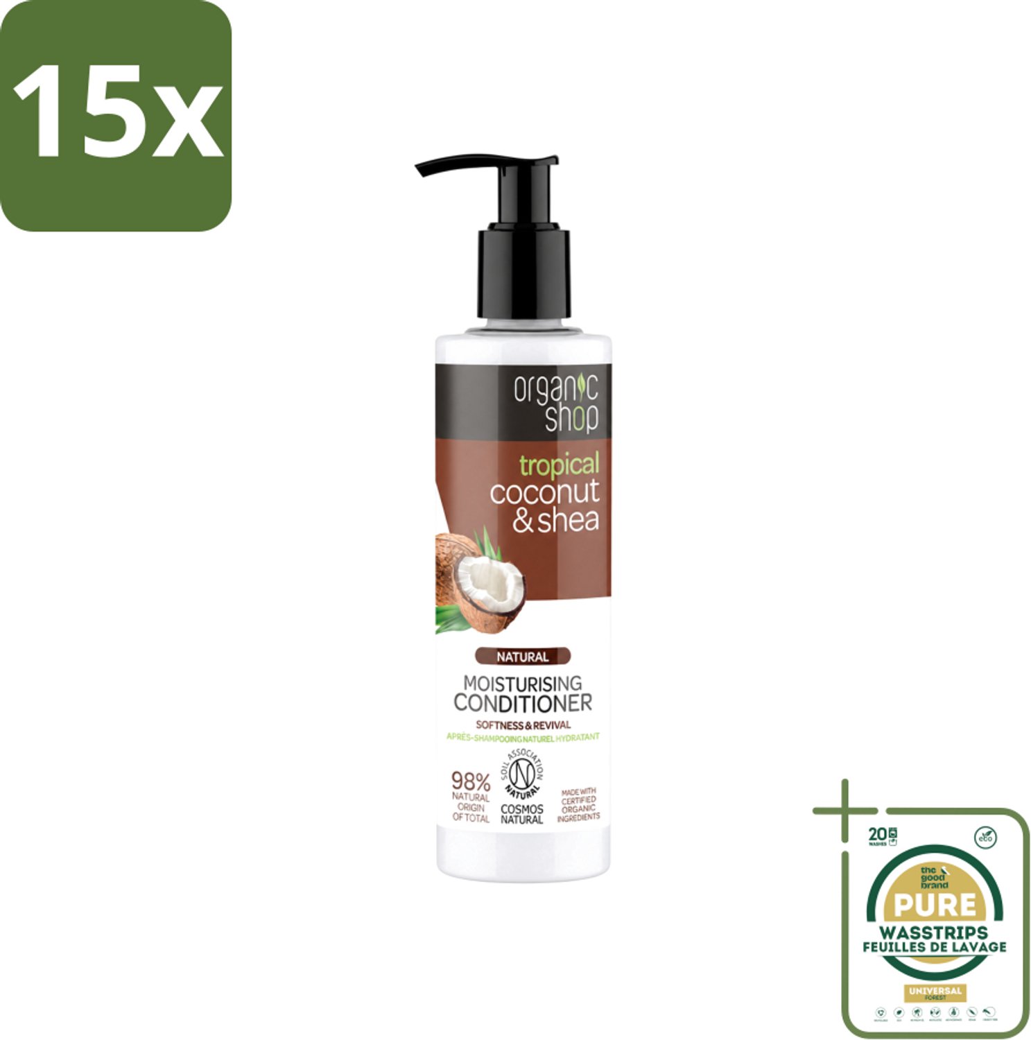 15 x Organic Shop - Coconut & Shea Conditioner - Verzorgend en Voedend - 280 ml - Wasstrips - Haarverzorging - Droog Haar - Haarherstel - Natuurlijke Ingrediënten - Kokosolie