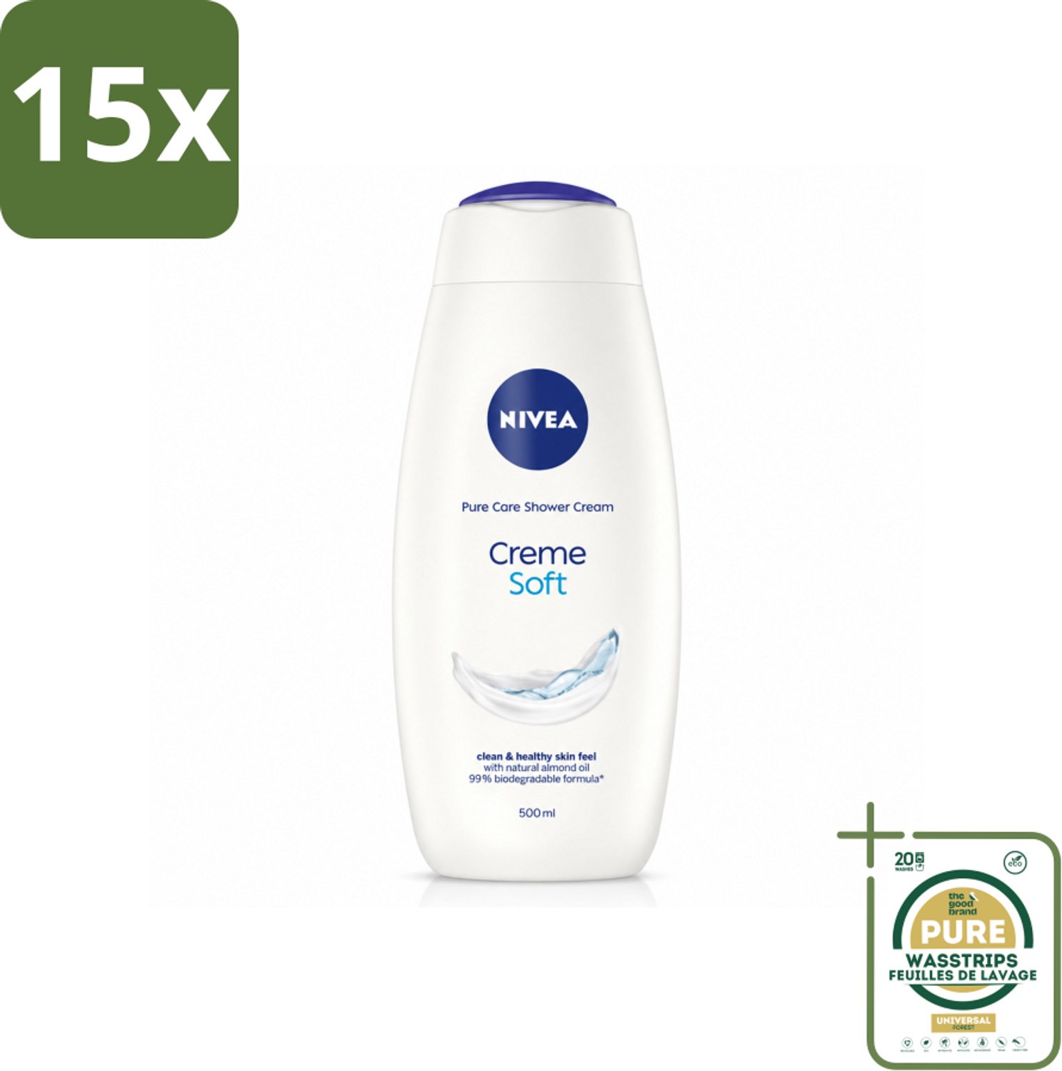 15 x NIVEA - Douchecrème - Zacht - Huidbeschermend - Amandelolie - 500 ml - Wasstrips - Douchecrème - Huid Verzorging - Amandelolie - Zijdezachte Huid - Milde Reiniging