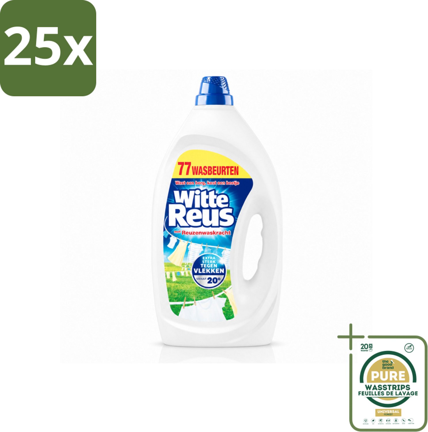 25 x Witte Reus - Vloeibaar Wasmiddel - Witte Was - 77 Wasbeurten - Wasstrips - Witte Was - Vloeibaar Wasmiddel - Vlekken Verwijderen - Was Kracht - Was Vanaf 20°C