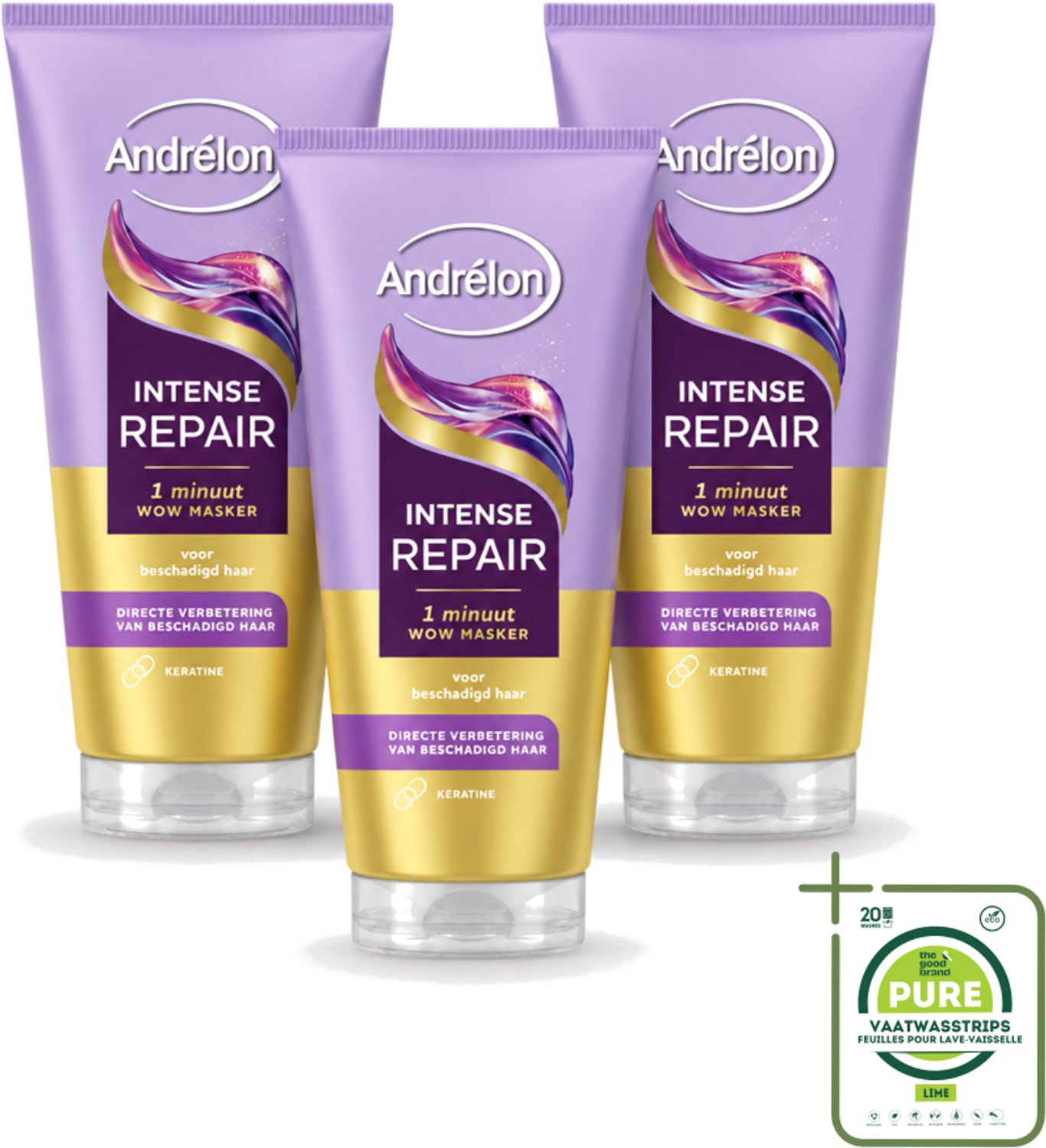 3 x Andrélon – Haarmasker WOW – Intense Repair – 180 ml - Grootverpakking - Vaatwasstrips - Haarkleur - Haarschade - Haarherstel - Haarverzorging - Keratine