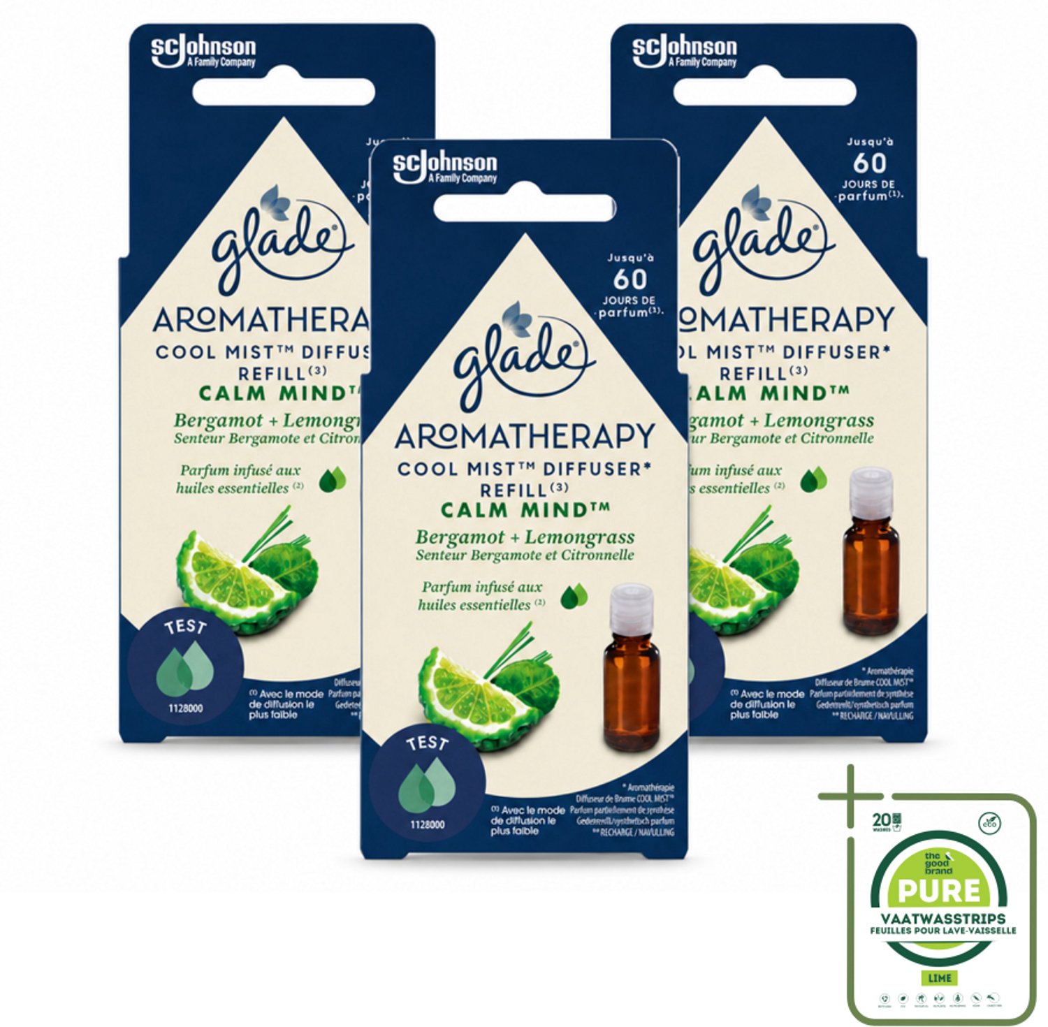 3 x Glade – Aromatherapy Mist Diffuser Navulling – Calm Mind – 17,4 ml - Grootverpakking - Vaatwasstrips - Aromatherapie - Ontspanning - Stressverlichting - Bergamot - Citroengras