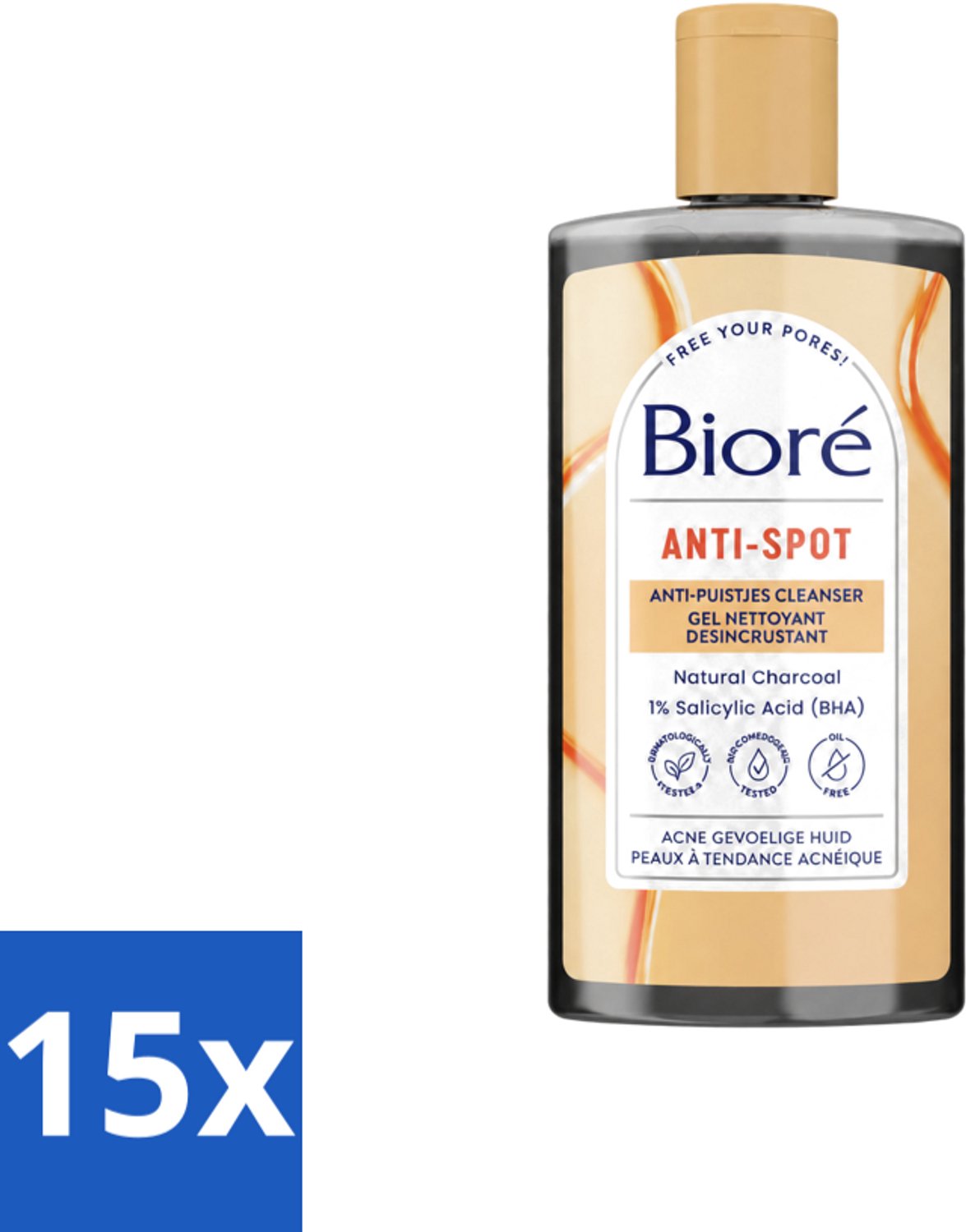 15 x Bioré – Houtskool Anti-Puistjes Reinigingsgel – Gezichtsreiniger – 200 ml - Voordeelverpakking - 15 stuks