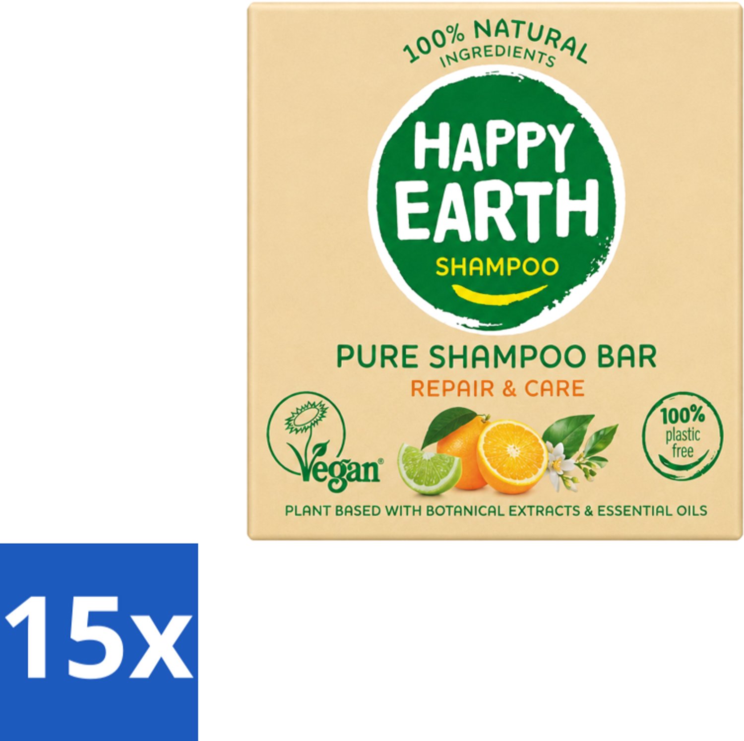 15 x Happy Earth – Shampoo Bar – 100% Natuurlijk Repair & Care – 70 g - Voordeelverpakking - 15 stuks