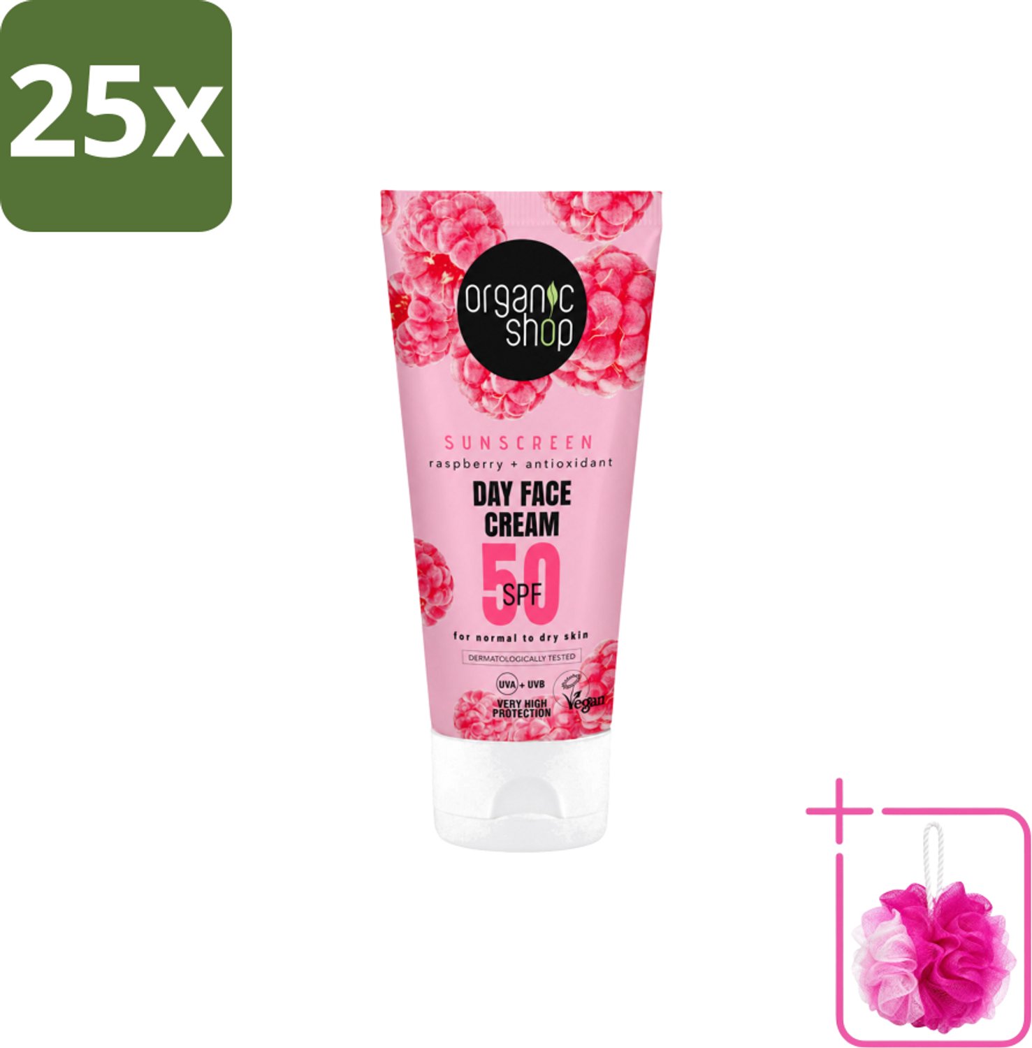 25 x Organic Shop - Zonnebrandcrème Gezicht SPF 50 - Normale Huid - 50 ml - Bulkverpakking - Zonbescherming gezicht - Douchemop - SPF 50