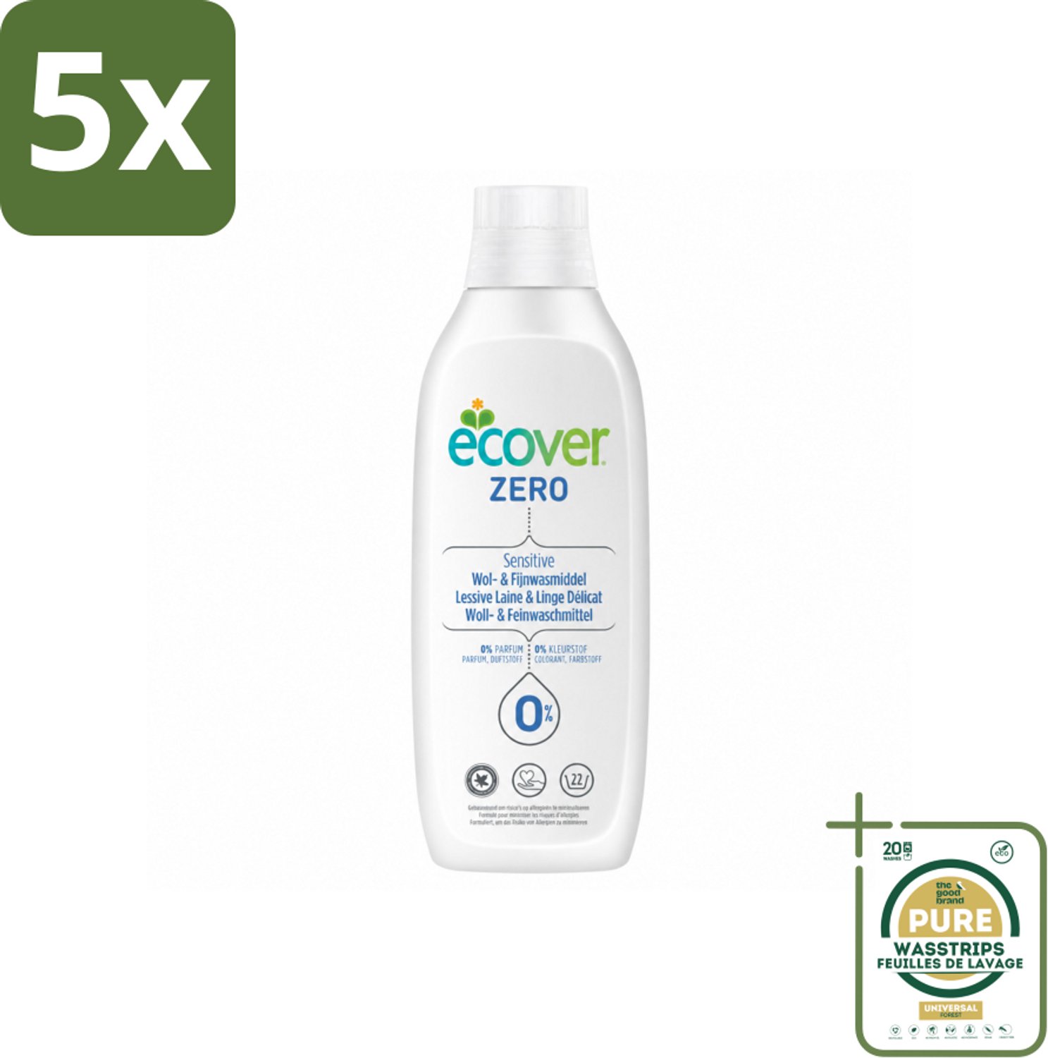 5 x Ecover - Vloeibaar wasmiddel - Wol & Fijnwas - 1 liter - Wasstrips - Wasmiddel Wol - Vloeibaar Wasmiddel - Delicate Stoffen - Zacht Wasmiddel - Koud Wassen