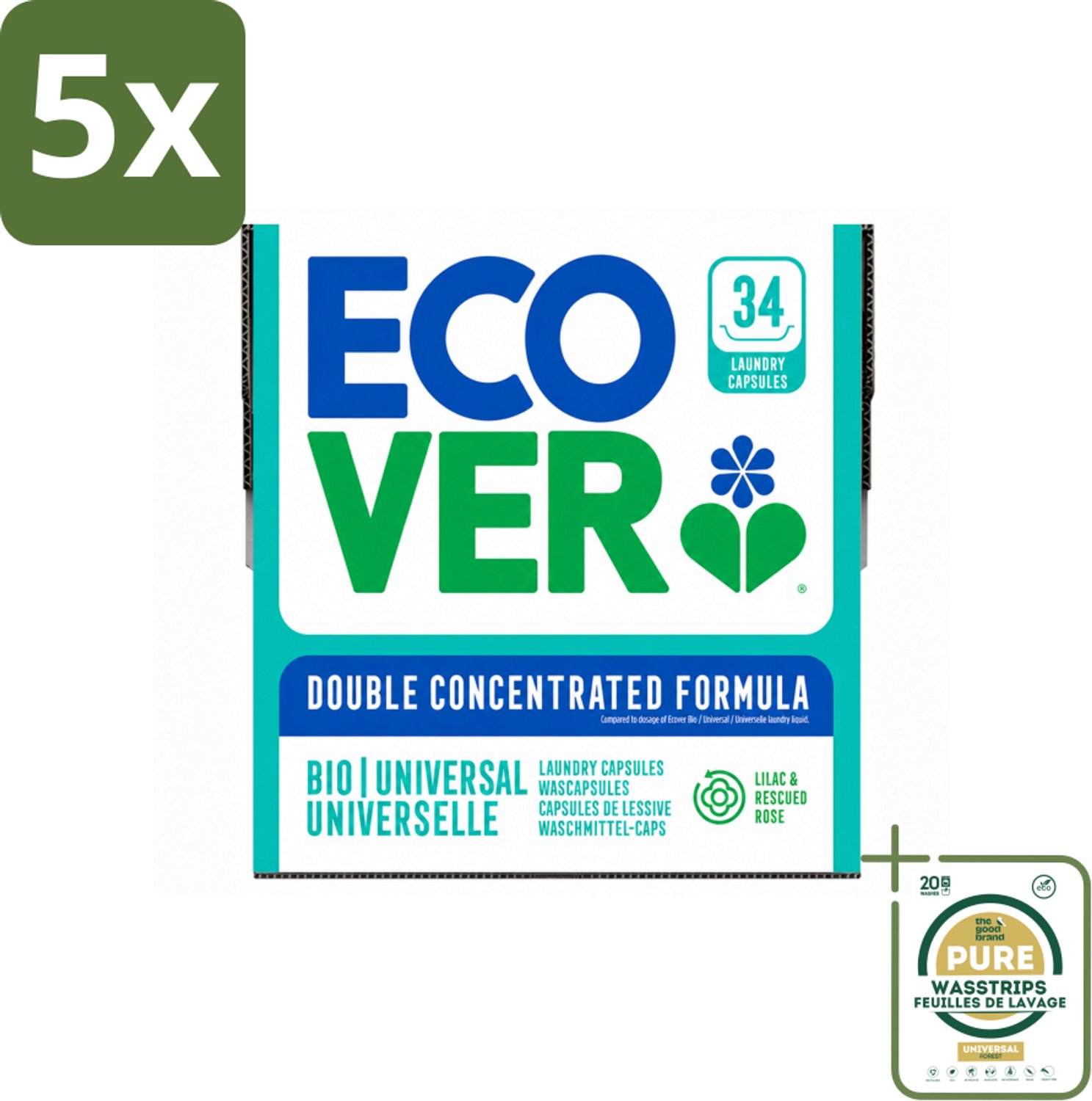 5 x Ecover - Waspods - Universeel - Geconcentreerde formule - 34 wasbeurten - Wasstrips - Wasmiddel - Waspods - Duurzame Was - Krachtige Reiniging - Wasbeurten