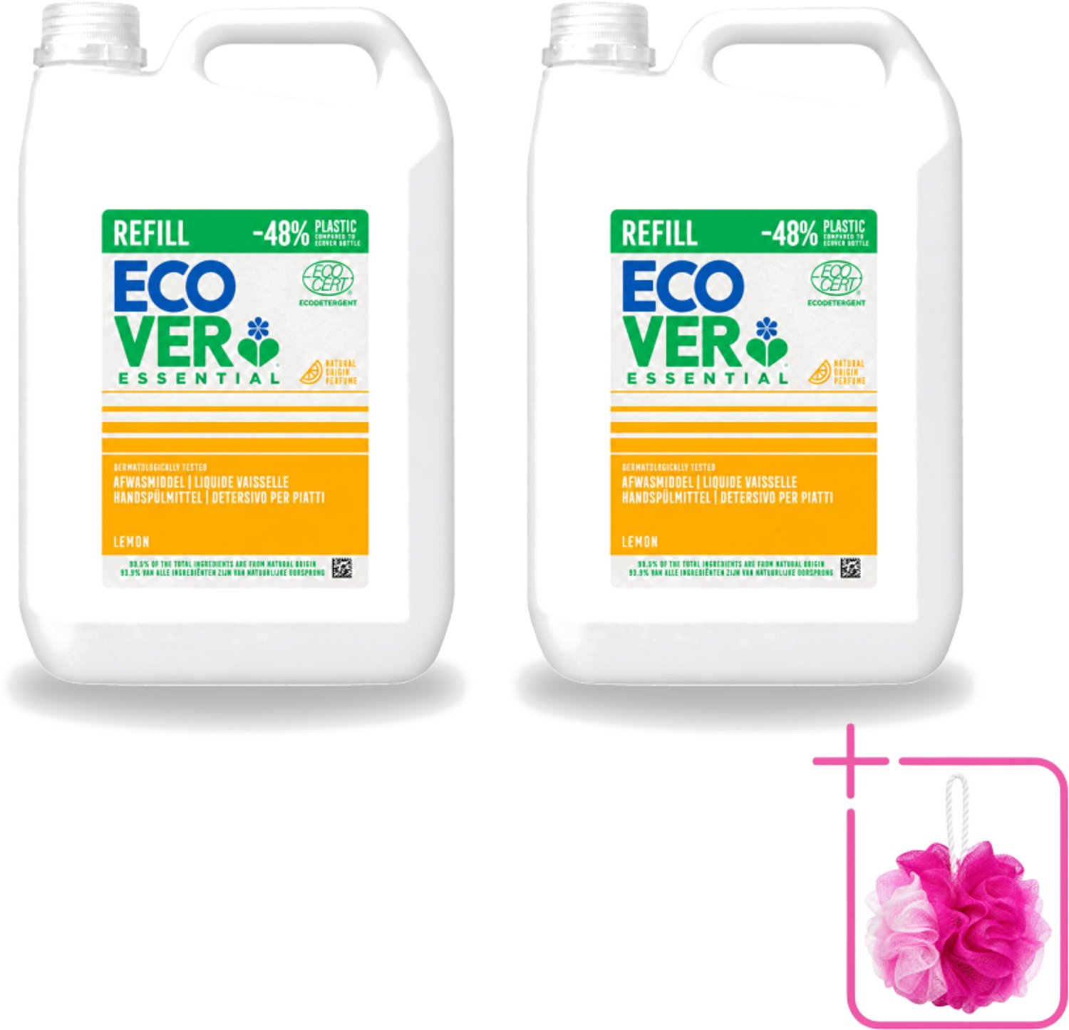 2 x Ecover - Afwasmiddel - Essential Citroen - 5 liter - Bulkverpakking - Afwasmiddel citroen - Douchemop - Natuurlijk afwasmiddel