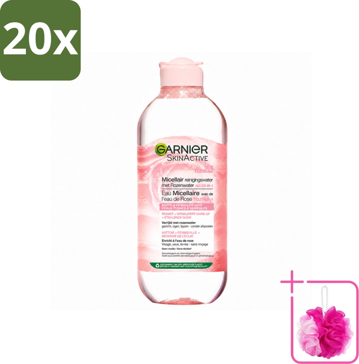 20 x Garnier - SkinActive - Micellair Reinigingswater - Rozenwater - Stralende Huid - 400 ml - Bulkverpakking - Micellair reinigingswater - Douchemop - Rozenwater