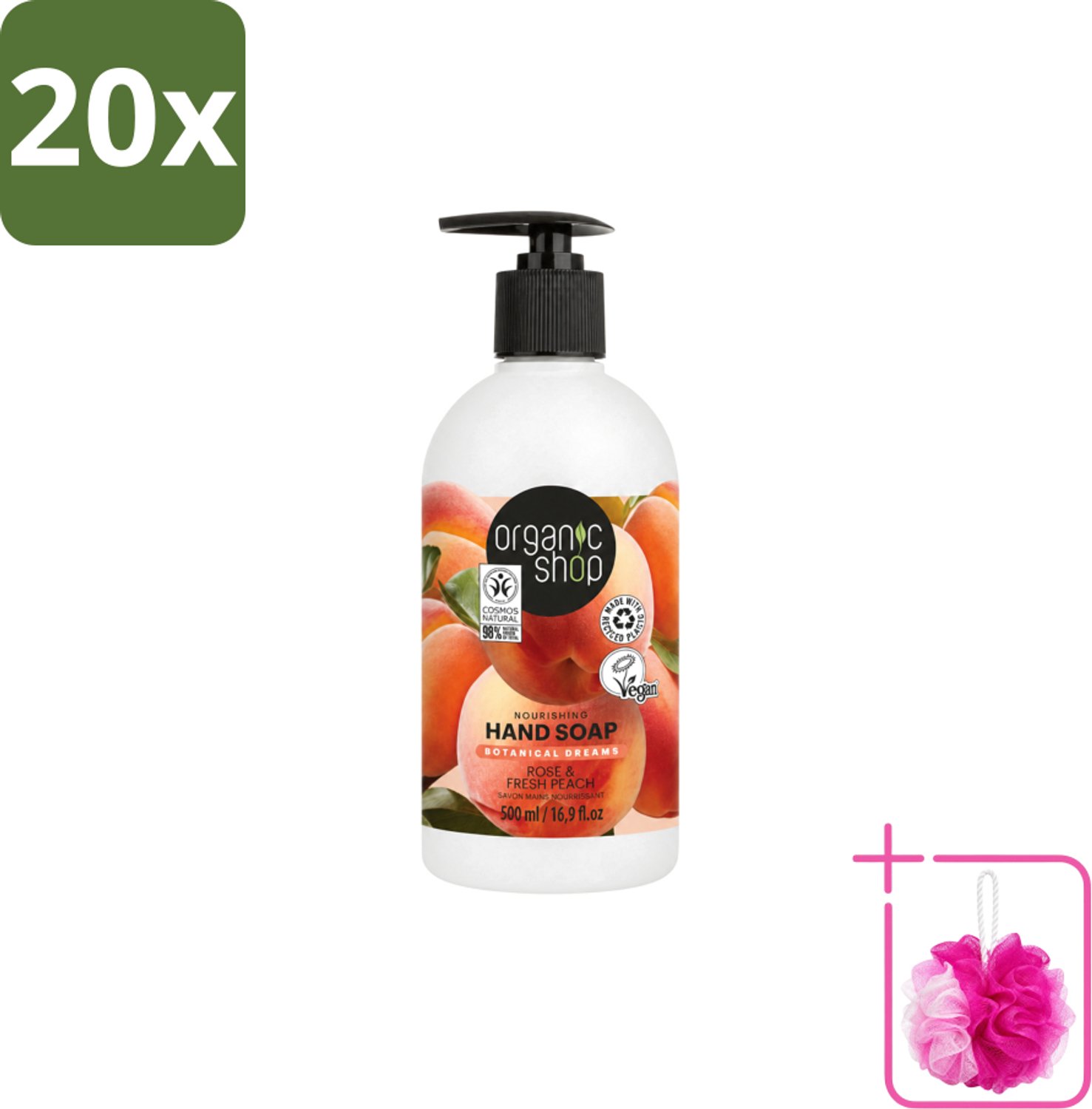 20 x Organic Shop - Handzeep Rose & Peach - Verzorgend en Hydraterend - 500 ml - Bulkverpakking - Handzeep - Douchemop - Natuurlijke handverzorging