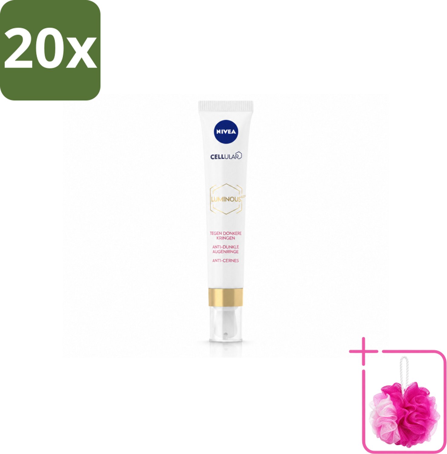 20 x NIVEA - Oogcrème - CELLular LUMINOUS630 - Tegen donkere kringen, wallen & rimpels - Voor alle huidtypen - Met Hyaluronzuur & Cafeïne - 15 ml - Bulkverpakking - Oogcrème - Douchemop - Donkere kringen