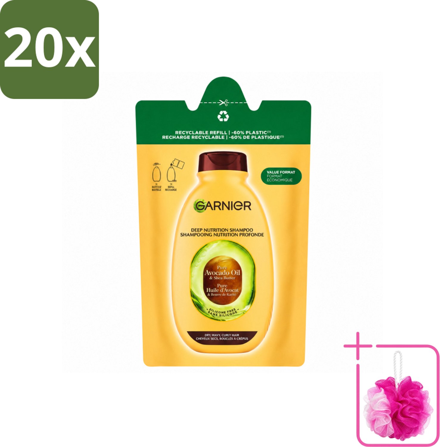 20 x Garnier - Loving Blends - Shampoo Refill - Avocado Olie & Shea Boter - Zeer Droog, Golvend of Krullend Haar - 250 ml - Bulkverpakking - Shampoo Refill - Douchemop - Avocado Olie