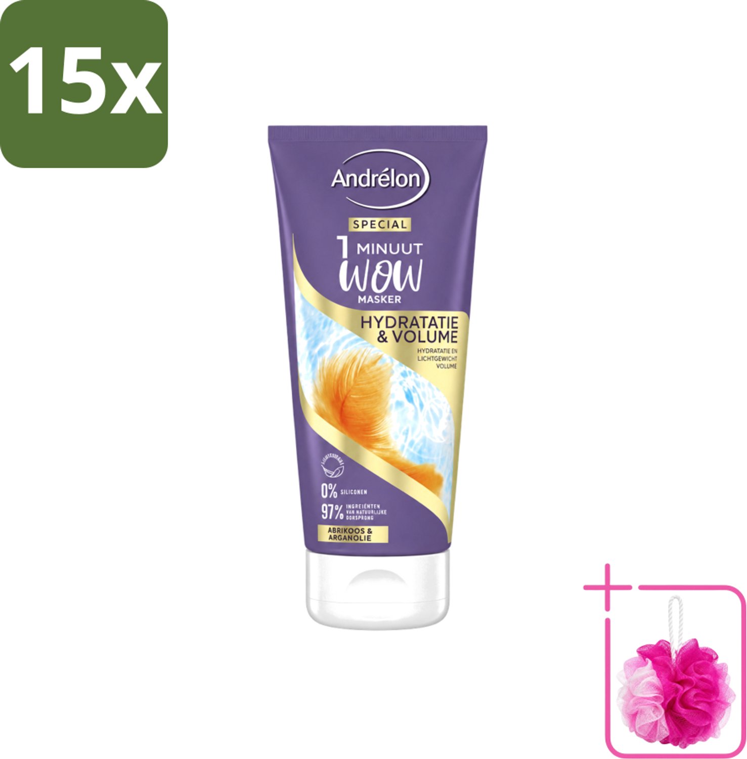 15 x Andrélon - WOW - 1 Minuut Masker - Hydratatie & Volume - 180 ml - Bulkverpakking - 1 minuut masker - Douchemop - Hydratatie haar