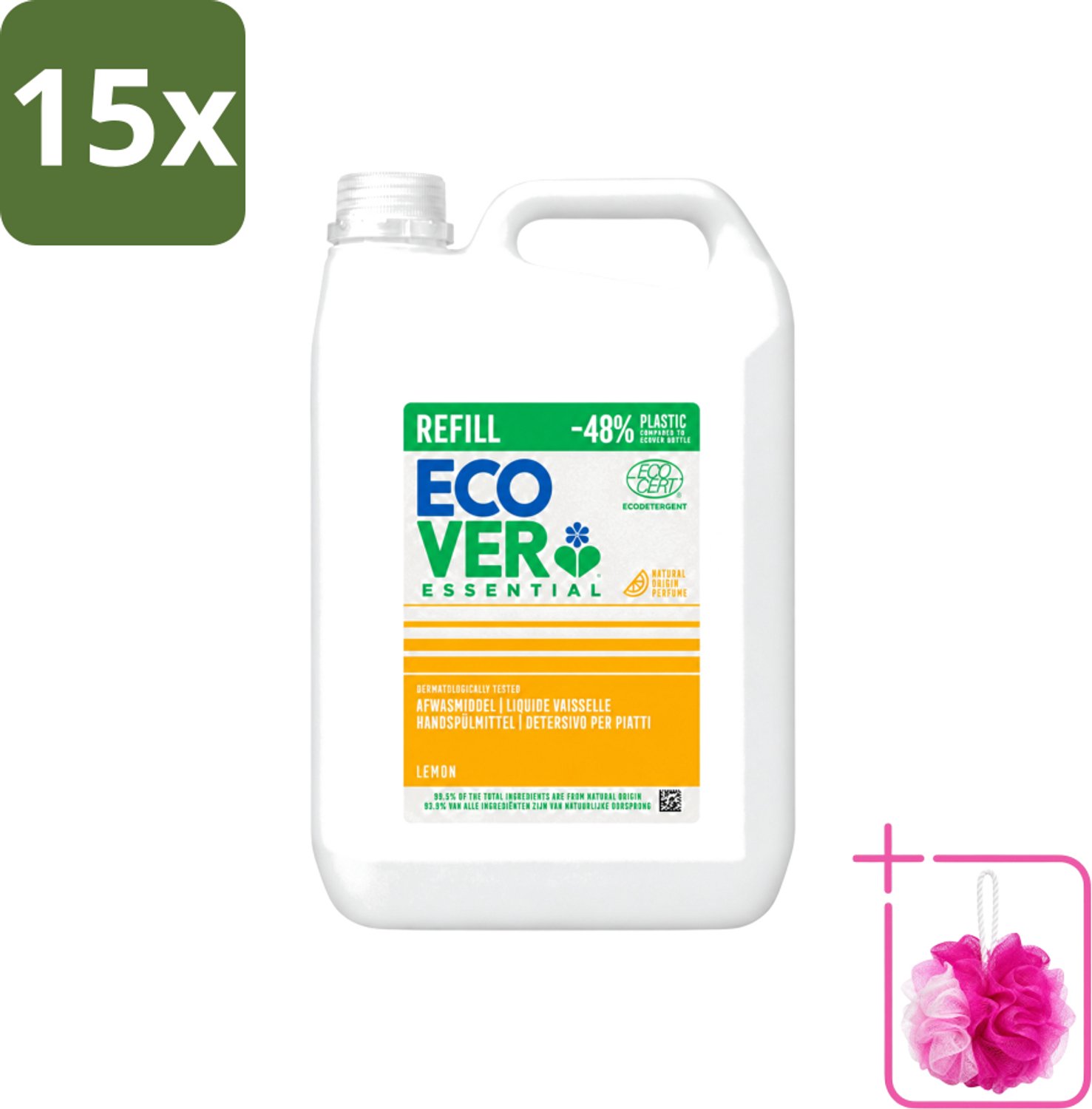 15 x Ecover - Afwasmiddel - Essential Citroen - 5 liter - Bulkverpakking - Afwasmiddel citroen - Douchemop - Natuurlijk afwasmiddel