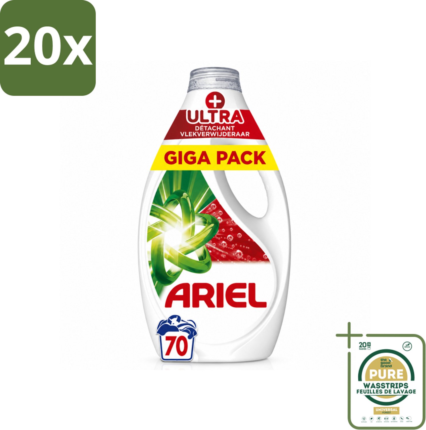 20 x Ariel - Vloeibaar Wasmiddel - +Ultra Vlekverwijderaar - 70 Wasbeurten - 3150 ml - Wasstrips - Vloeibaar Wasmiddel - Vlekverwijderaar - Hardnekkige Vlekken - Koud Was - Milieuvriendelijk Wasmiddel