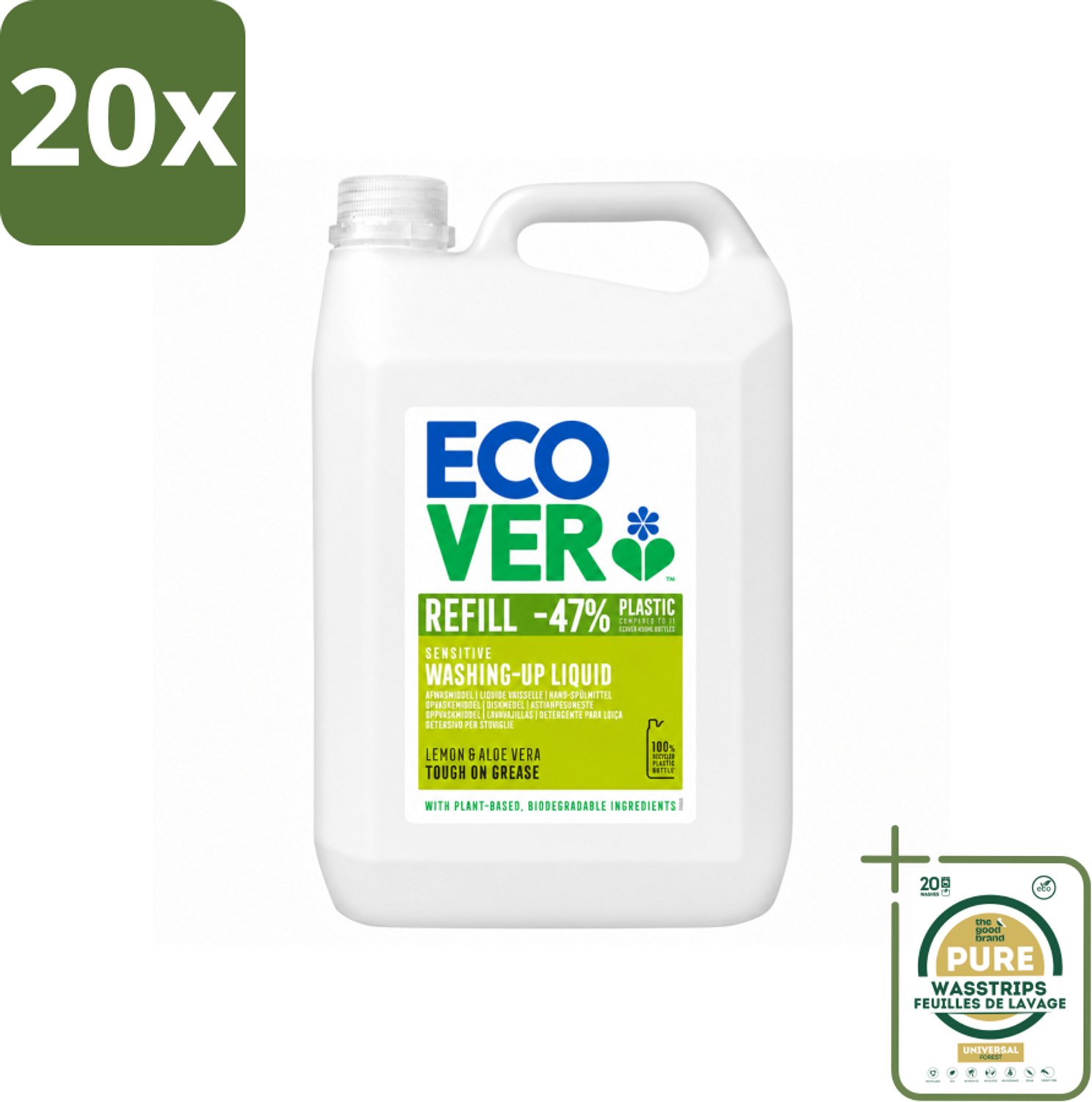 20 x Ecover - Afwasmiddel - Citroen & Aloë Vera - 5 liter - Wasstrips - Ecover Afwasmiddel - Plantaardig Afwasmiddel - Afwasmiddel Citroen Aloë Vera - Duurzame Afwas - Afwas Zonder Plastic