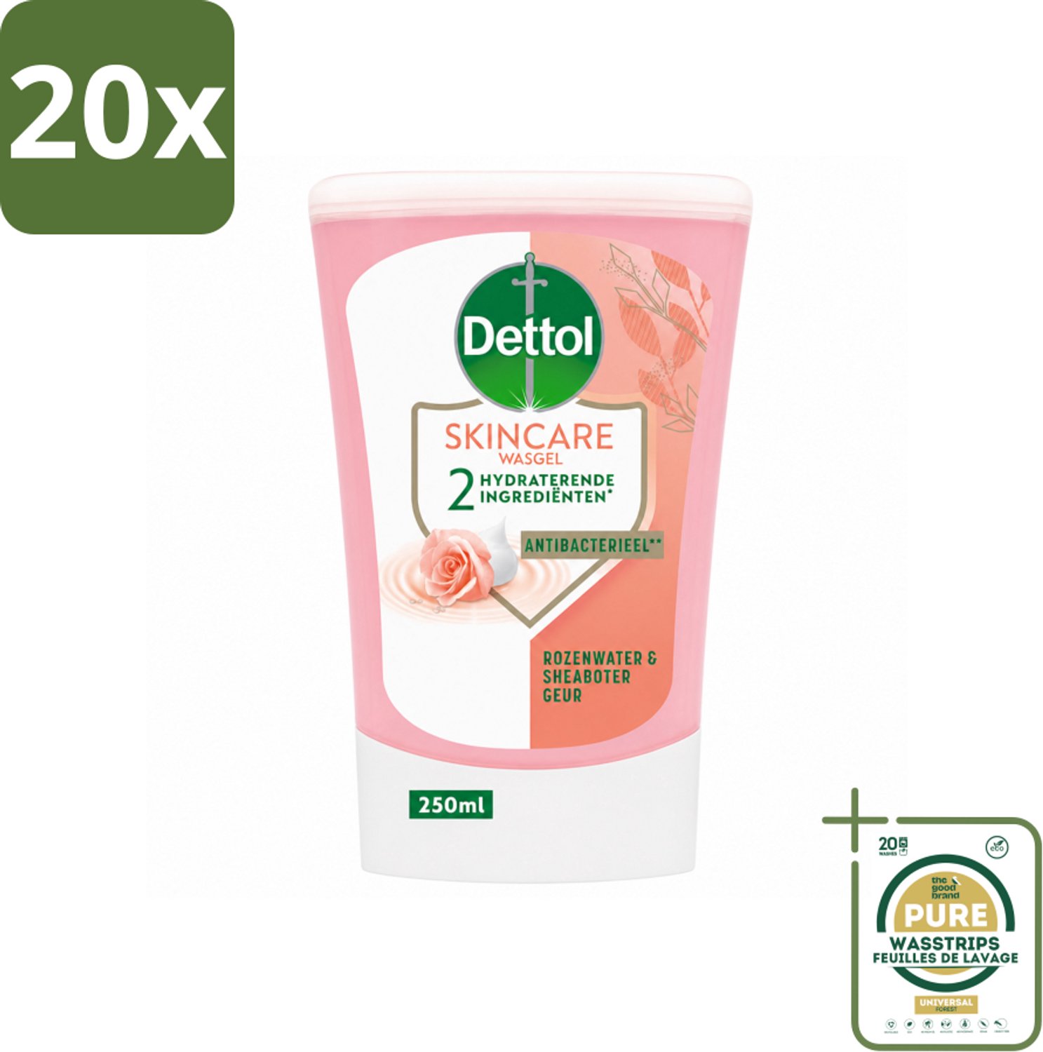 20 x Dettol - Wasgel Navulling - Skincare - Rozenwater & Sheaboter - 250 ml - Wasstrips - Handen Reinigen - Antibacterieel Wasgel - Hygiëne - Handzeep Navulling - Rozenwater Wasgel