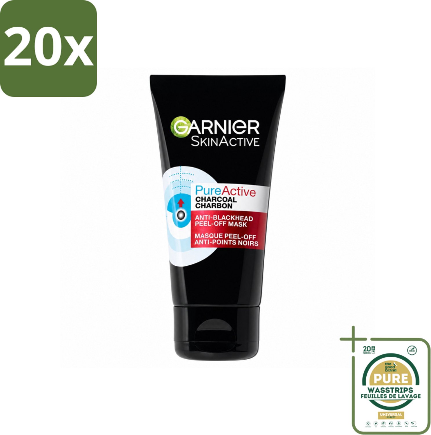 20 x Garnier - Pure Active - Peel-Off Masker - Charcoal - 50 ml - Wasstrips - Huid Reinigen - Mee-eters Verwijderen - Poriën Verfijnen - Houtskool Masker - Salicylzuur Masker