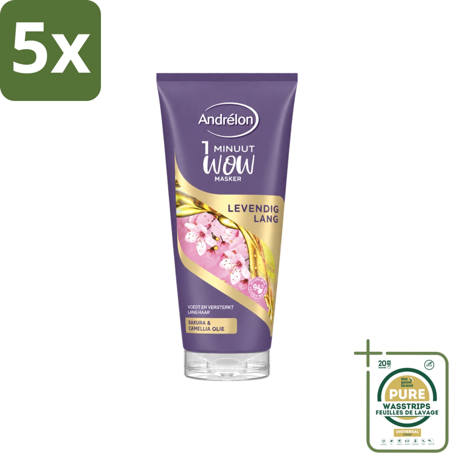 5 x Andrélon - WOW - Masker - Levendig Lang - 180 ml - Wasstrips - Haarmasker - Lang Haar - Intensieve Verzorging - 1 Minuut Masker - Sakra-olie