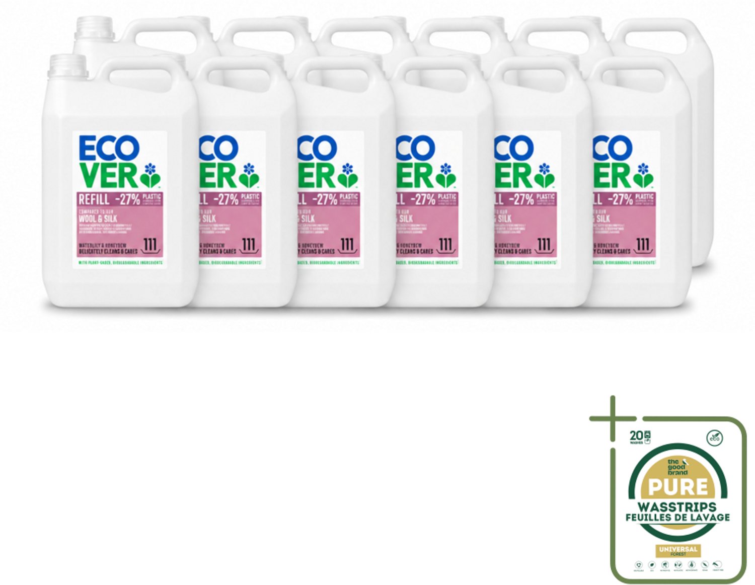 12 x Ecover - Vloeibaar wasmiddel - Wol & Fijnwas - Waterlelie & Honingmeloen - 5 liter - 111 wasbeurten - Wasstrips - Wasmiddel Wol - Fijnwas - Zachte Wasmiddel - Delicate Stoffen - Waterlelie Geur