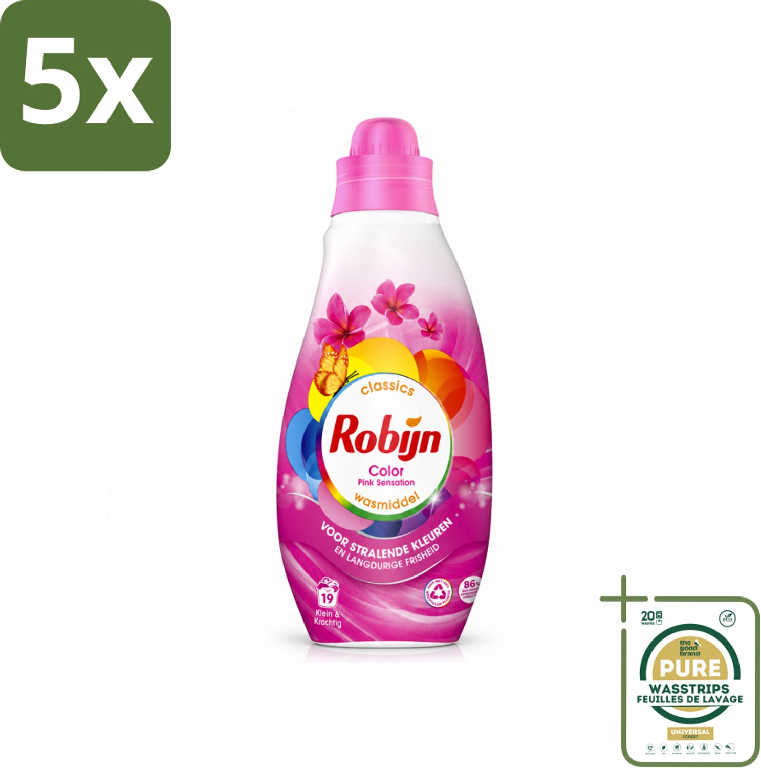 5 x Robijn - Klein & Krachtig Classics Color Pink Sensation - Vloeibaar Wasmiddel - 19 Wasbeurten - Wasstrips - Kleurbehoud - Wasmiddel Voor Gekleurde Was - Frisheid - Biologisch Afbreekbaar - Milieuvriendelijk