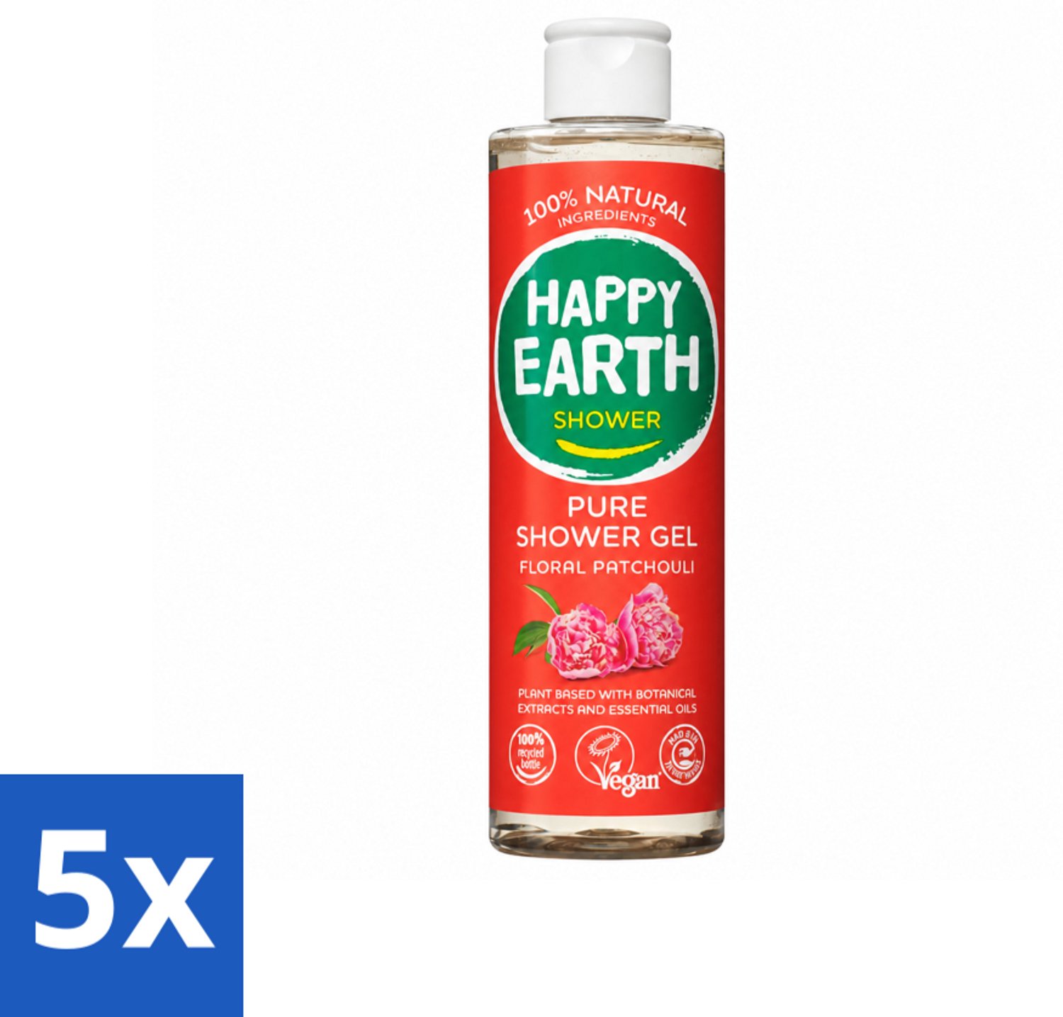 5 x Happy Earth – Douchegel – 100% Natuurlijk Floral Patchouli – 300 ml - Voordeelverpakking - 5 stuks