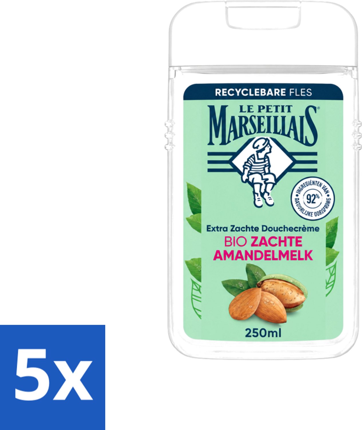 5 x Le Petit Marseillais – Douchecrème – Zoete Amandel – Hydraterend – 250 ml - Voordeelverpakking - 5 stuks