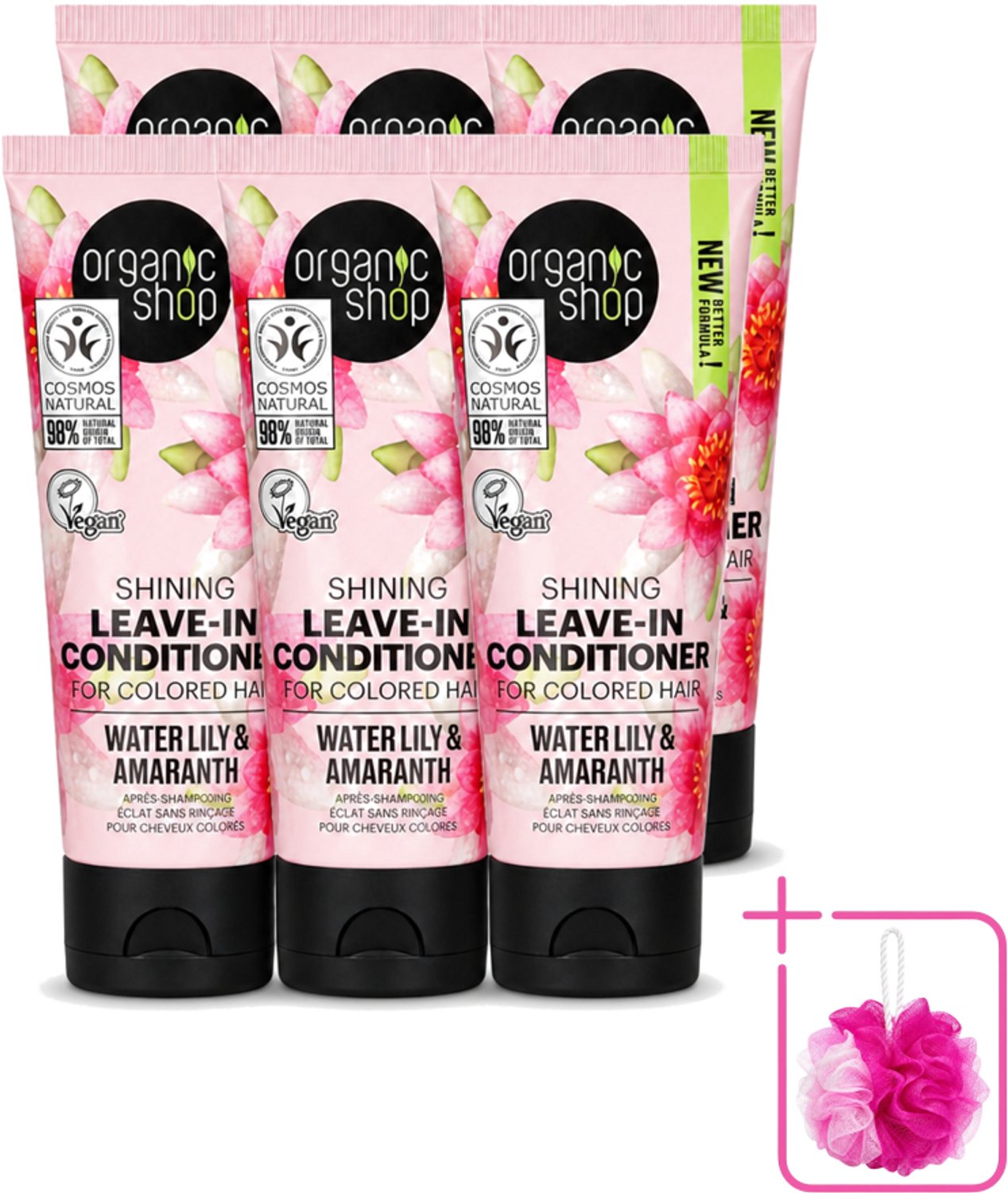 6 x Organic Shop - Shining Leave-In Conditioner Water Lily & Amaranth - 75 ml - Bulkverpakking - Haarkleur bescherming - Douchemop - Natuurlijke haarkleur