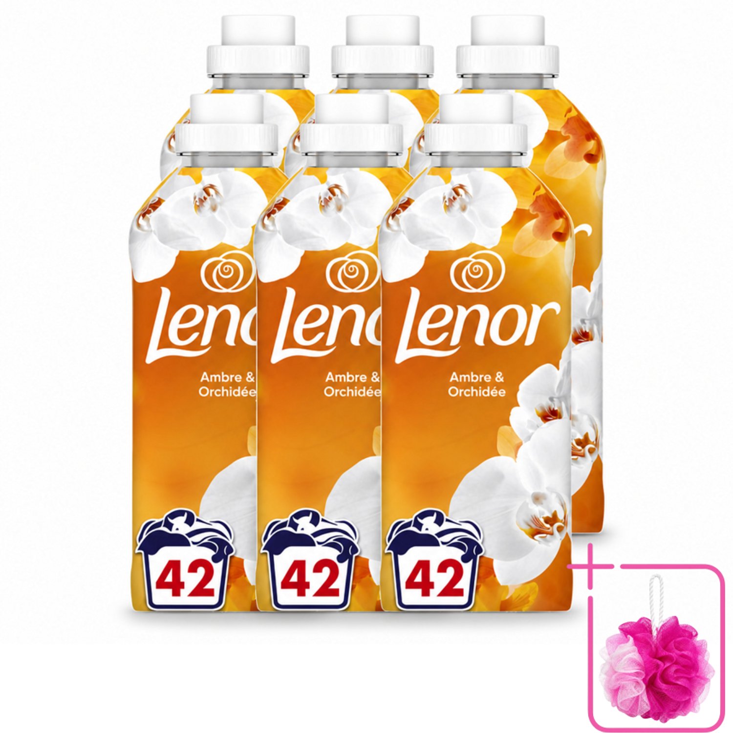 6 x Lenor - Wasverzachter - Amber & Orchidee - Fris & Zacht - 42 Wasbeurten - Bulkverpakking - Wasverzachter - Douchemop - Geur