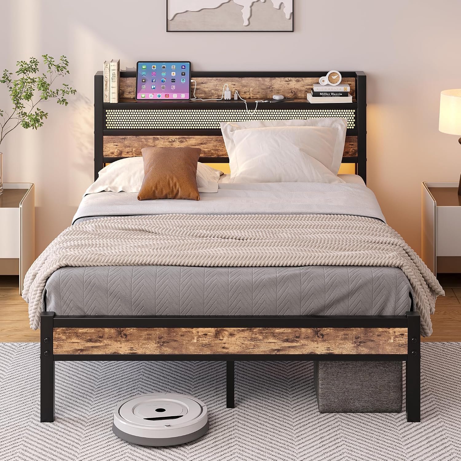 140 x 200 cm, metalen bedframe met opbergruimte, hoofdeinde, bed