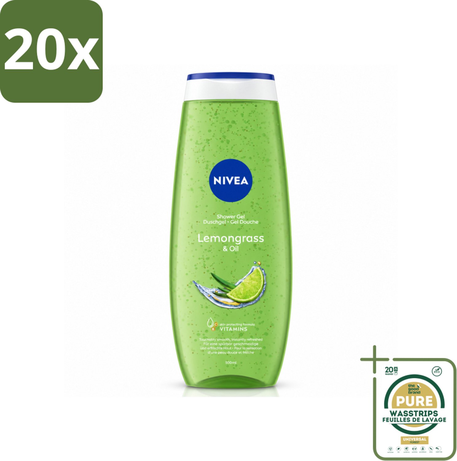 20 x NIVEA - Douchegel - Citroengras & Olieverzorging - Glad & Verfrissend Huidgevoel - 500 ml - Wasstrips - Douchegel Citroengras - Verzorging Huid - Frisse Geur - Natuurlijke Oliën - Zachte Reiniging