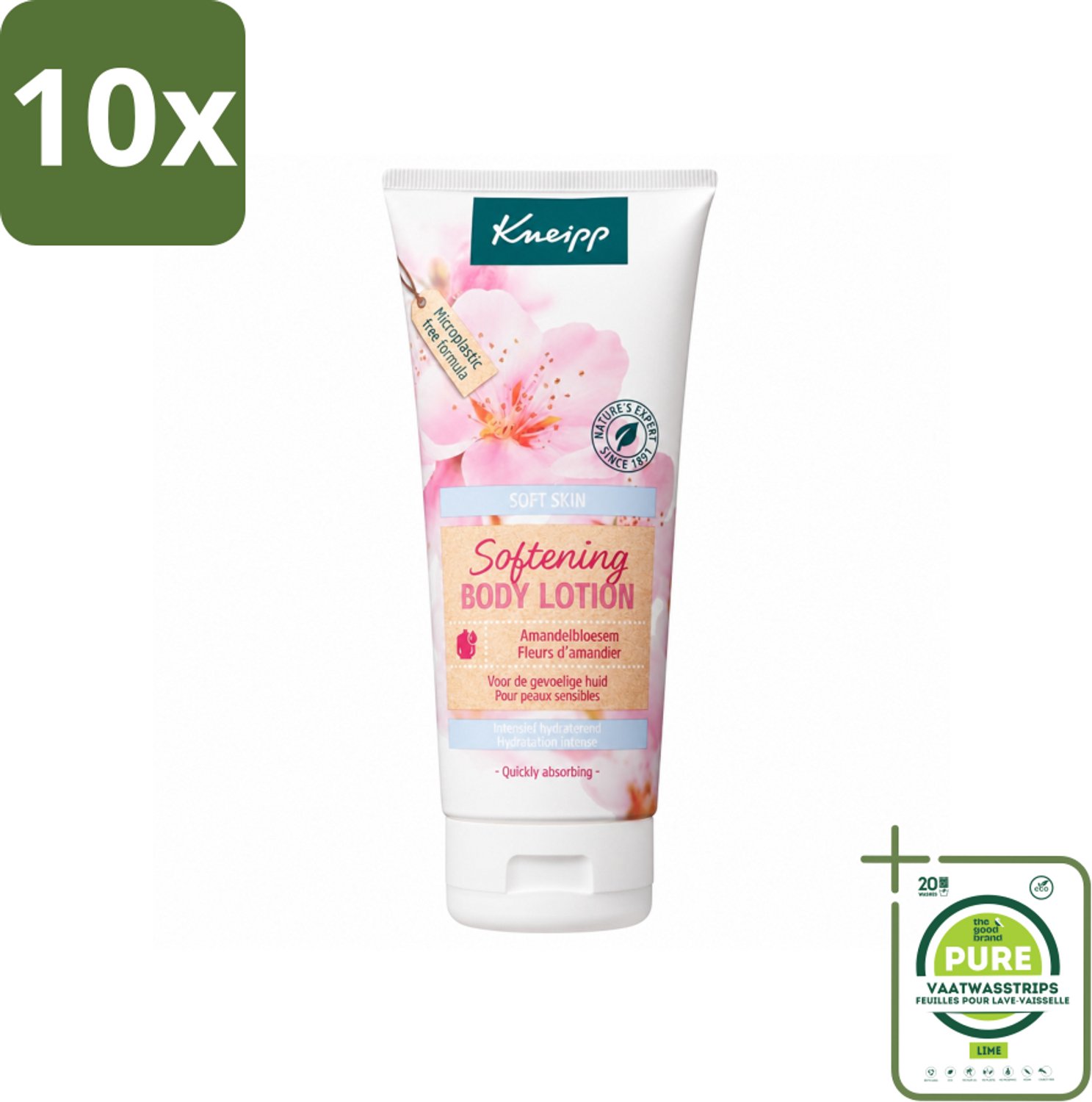 10 x Kneipp - Body lotion - Soft Skin - Amandelbloesem - 200 ml - Grootverpakking - Vaatwasstrips - Gevoelige Huid - Amandelolie - Hydraterende Lotion - Zachte Huid - Huidverzorging