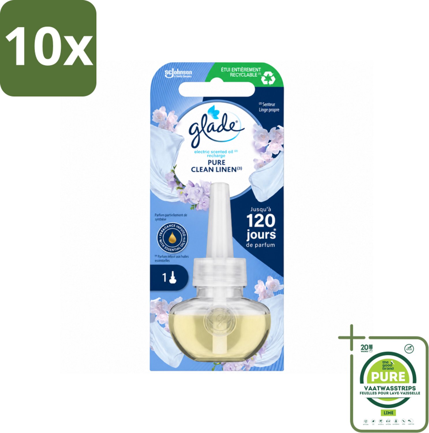 10 x Glade - Navulling Elektrische Olie - Pure Clean Linen - Zonder Houder - Grootverpakking - Vaatwasstrips - Geur - Linen - Sfeer - Geurafgifte - Essentiële Oliën
