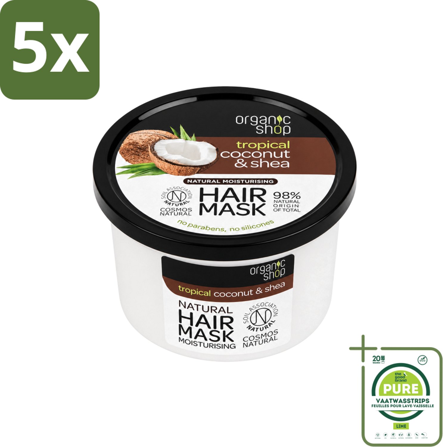 5 x Organic Shop - Haarmasker Coconut & Shea - Verzorgend en Voedend - 250 ml - Grootverpakking - Vaatwasstrips - Haarmasker - Kokosnoot - Shea - Natuurlijk Haarverzorging - Hydratatie