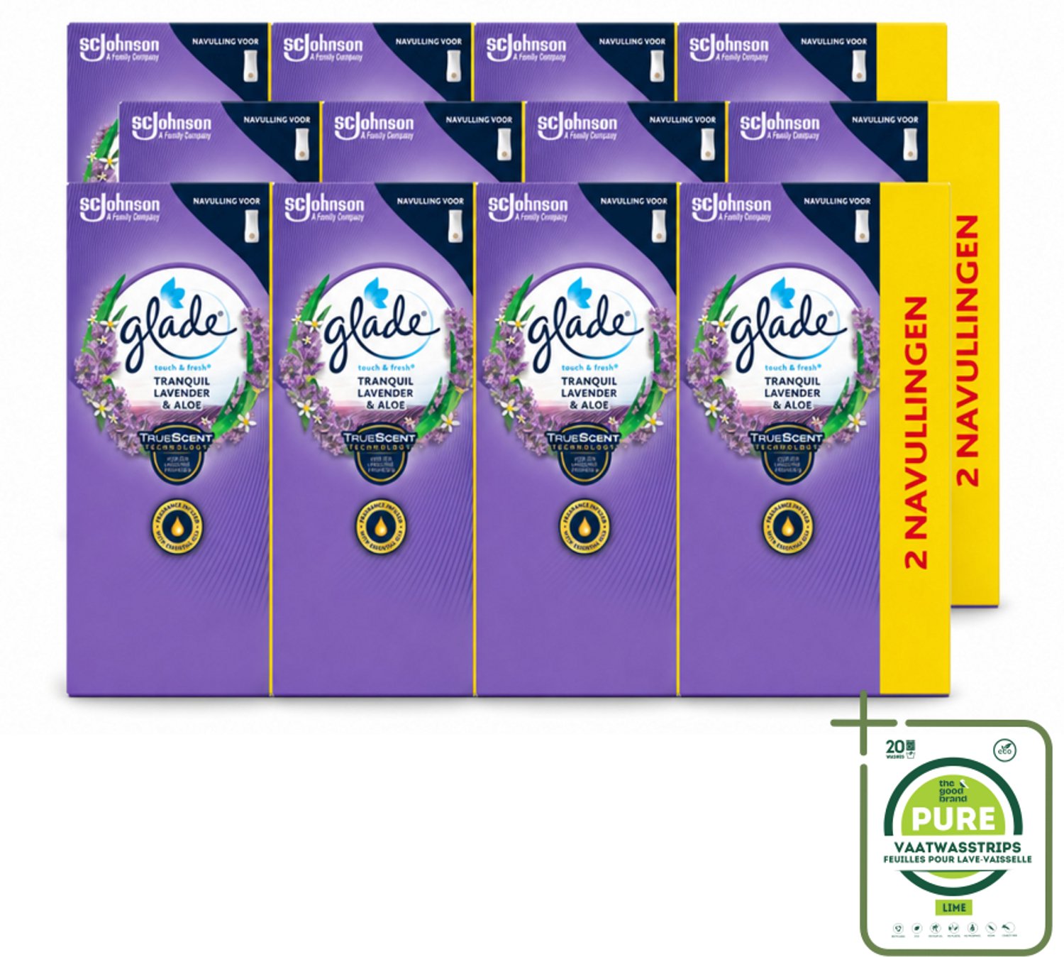 12 x Glade - Touch & Fresh Navulling - Tranquil Lavender & Aloë - 2 × 10 ml - Grootverpakking - Vaatwasstrips - Geur - Ontspanning - Frisse Geur - Natuurlijke Geur - Kalme Geur