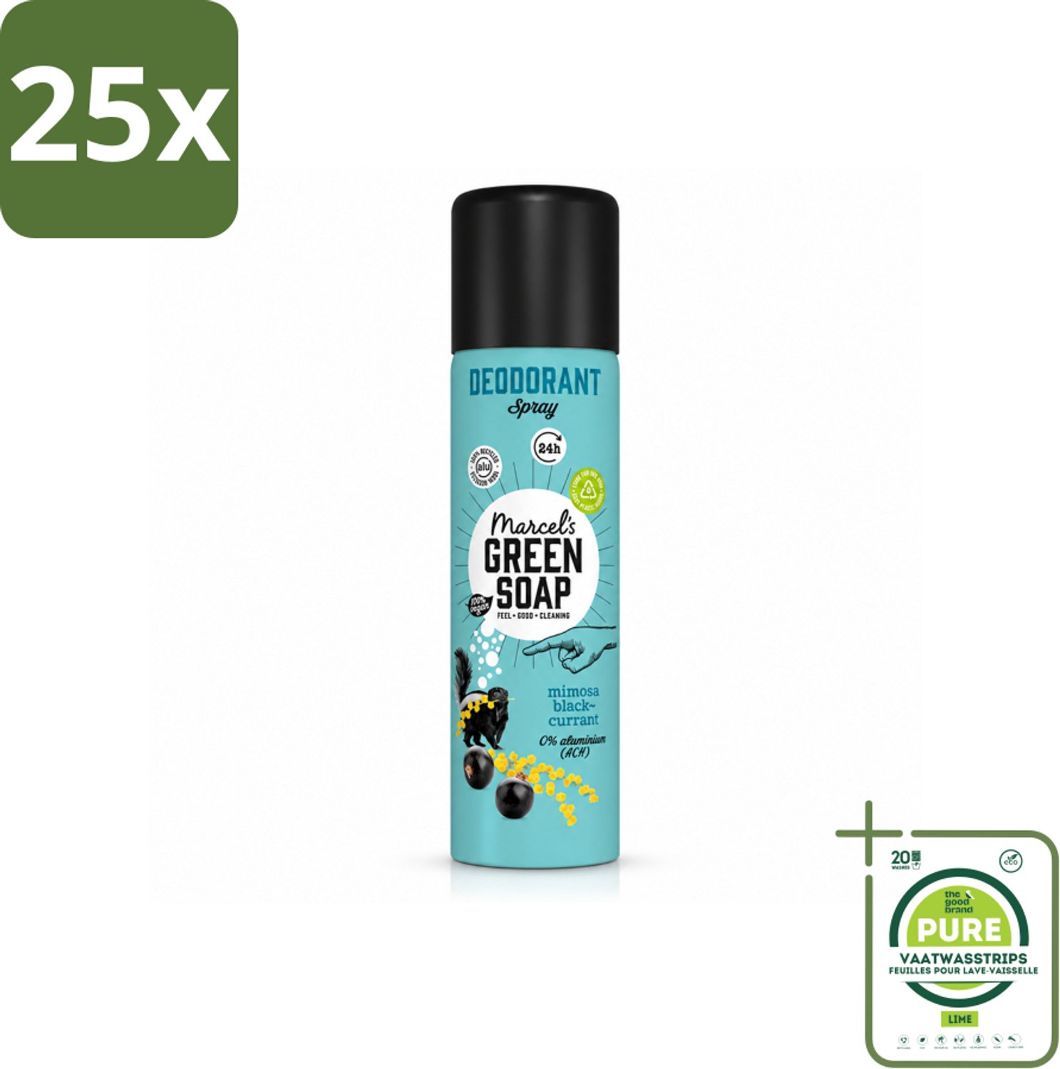 25 x Marcel's Green Soap - Deodorant Spray - Mimosa & Blackcurrant - Langdurige frisheid - 150 ml - Grootverpakking - Vaatwasstrips - Deodorant Spray - Geur - Frisheid - Geurcombinatie - Zachte Geur