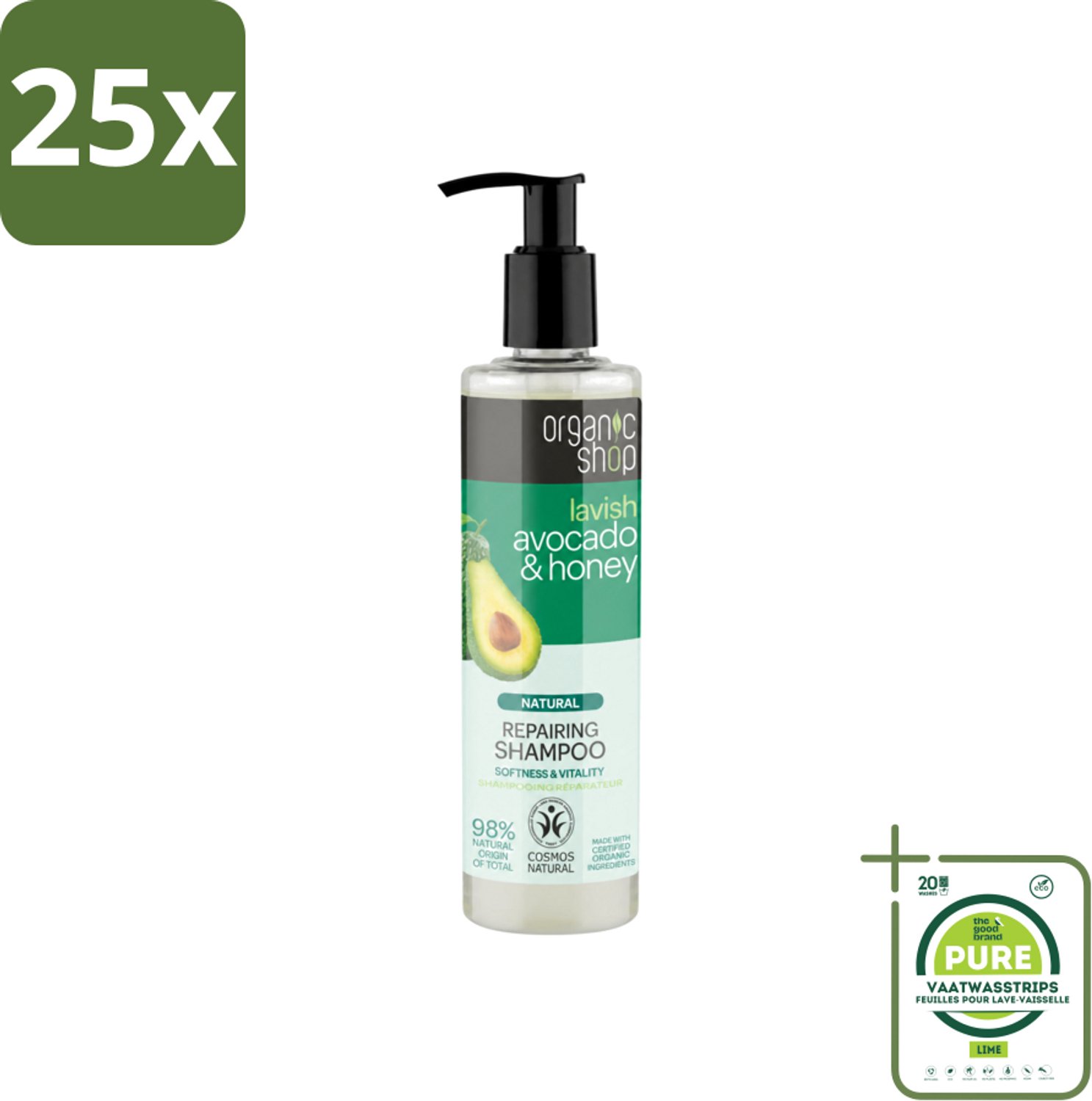 25 x Organic Shop - Natural Repairing Shampoo - Avocado & Honey - Hydraterend en Herstellend - 280 ml - Grootverpakking - Vaatwasstrips - Natuurlijke Shampoo - Avocado En Honing - Herstellend Haar - Hydraterend Haar - Droog Haar