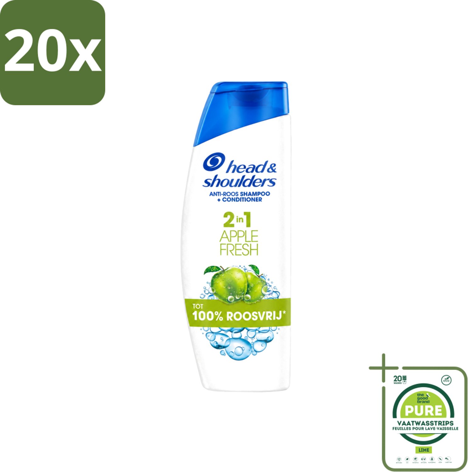 20 x Head & Shoulders - Shampoo - 2-in-1 - Apple Fresh - 100% Roosvrij - 300 ml - Grootverpakking - Vaatwasstrips - Anti-roos Shampoo - Hoofdproblemen - Hoofdhuidgezondheid - Microbioom - PH Balans