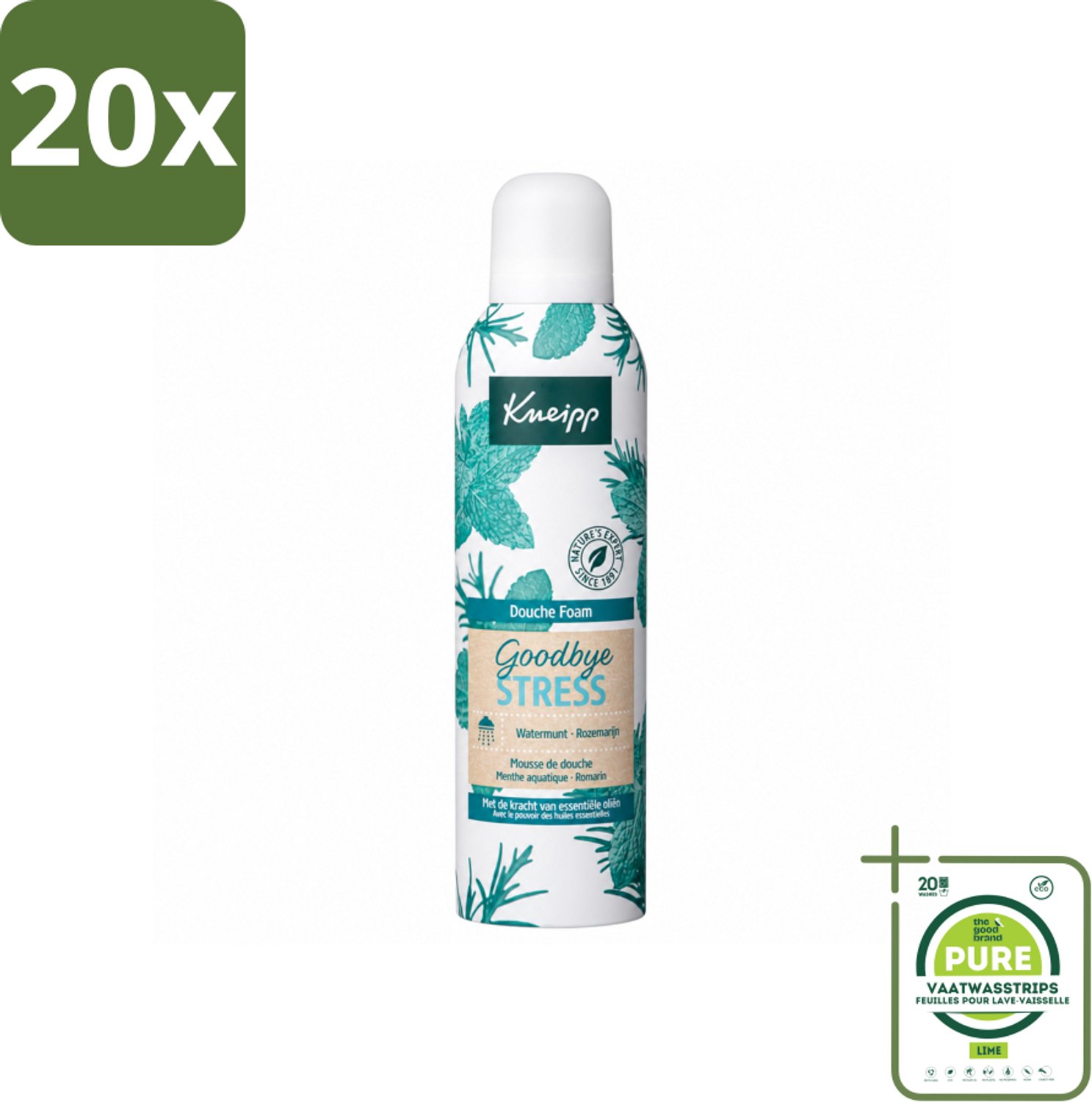 20 x Kneipp - Douche schuim - Goodbye Stress - Watermunt & Rozemarijn - 200 ml - Grootverpakking - Vaatwasstrips - Douche Foam - Stress Verlichten - Verfrissend Schuim - Natuurlijke Geur - Huid Verzorging