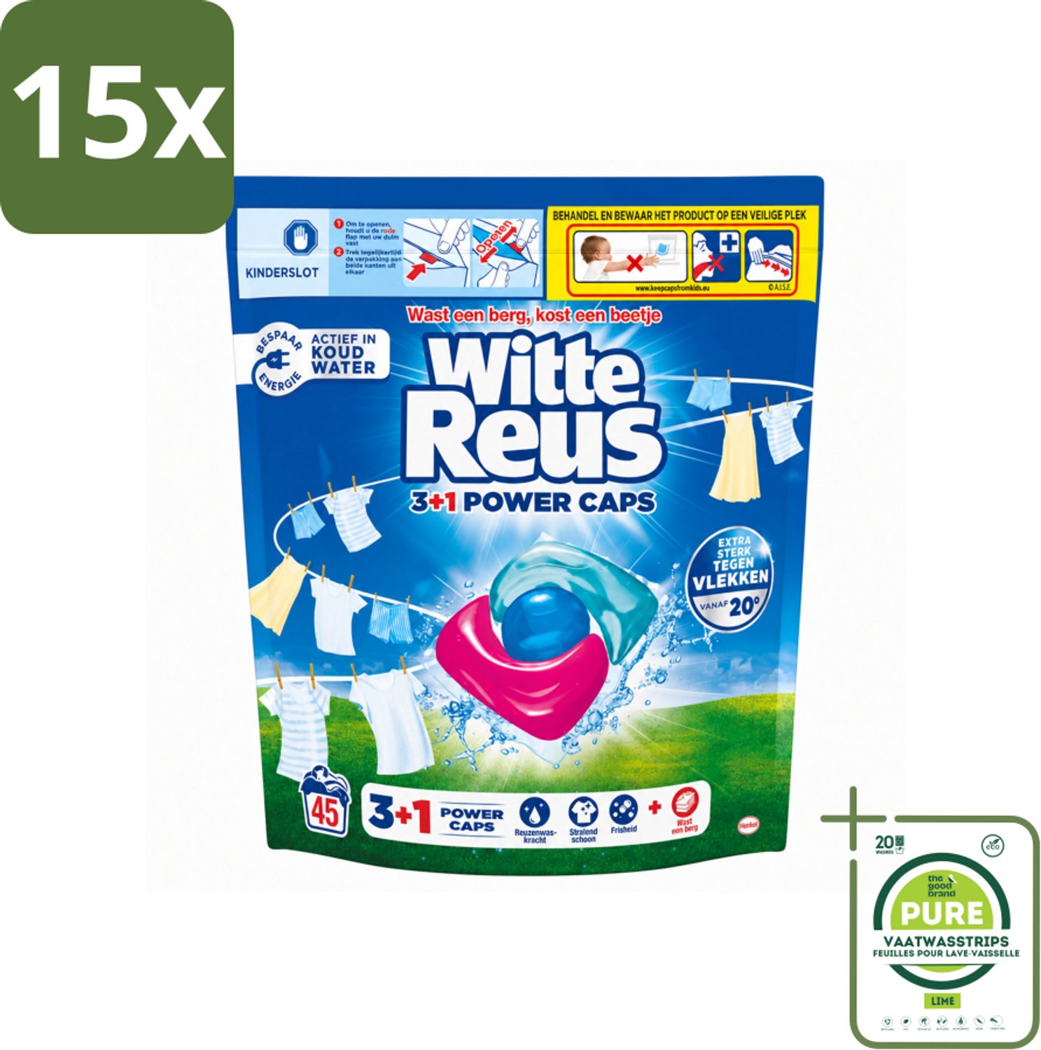 15 x Witte Reus - 3+1 Power Caps - Witte Was - 45 Wasbeurten - Grootverpakking - Vaatwasstrips - Witte Reus Power Caps - Waskracht - Witte Wasgoed - Lichtgekleurd Wasgoed - Vlekverwijdering